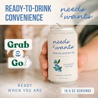 Needs & Wants Sparkling Tea - Blueberry Jasmine, 10.5oz Cans (12 Pack) | Organic Superfruit Tea with Cascara, Blueberry & Jasmine, Lightly Sweet with Floral Aroma, Natural Caffeine & Low Calories