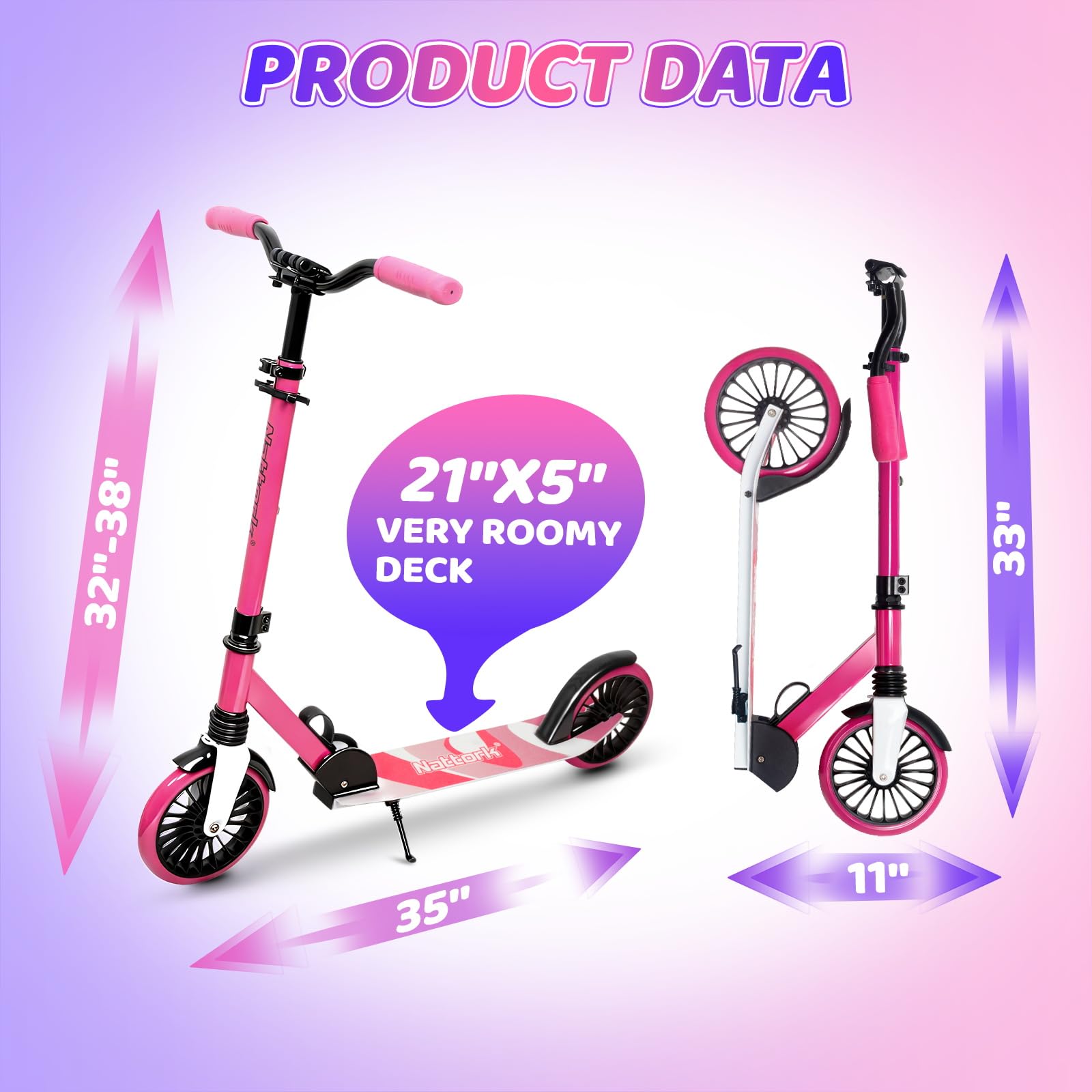 Nattork Kick Scooter hulajnoga dla dzieci do 100 kg, dla nastolatków i dorosłych, z regulacją wysokości i składana, z dużymi kołami 200 mm