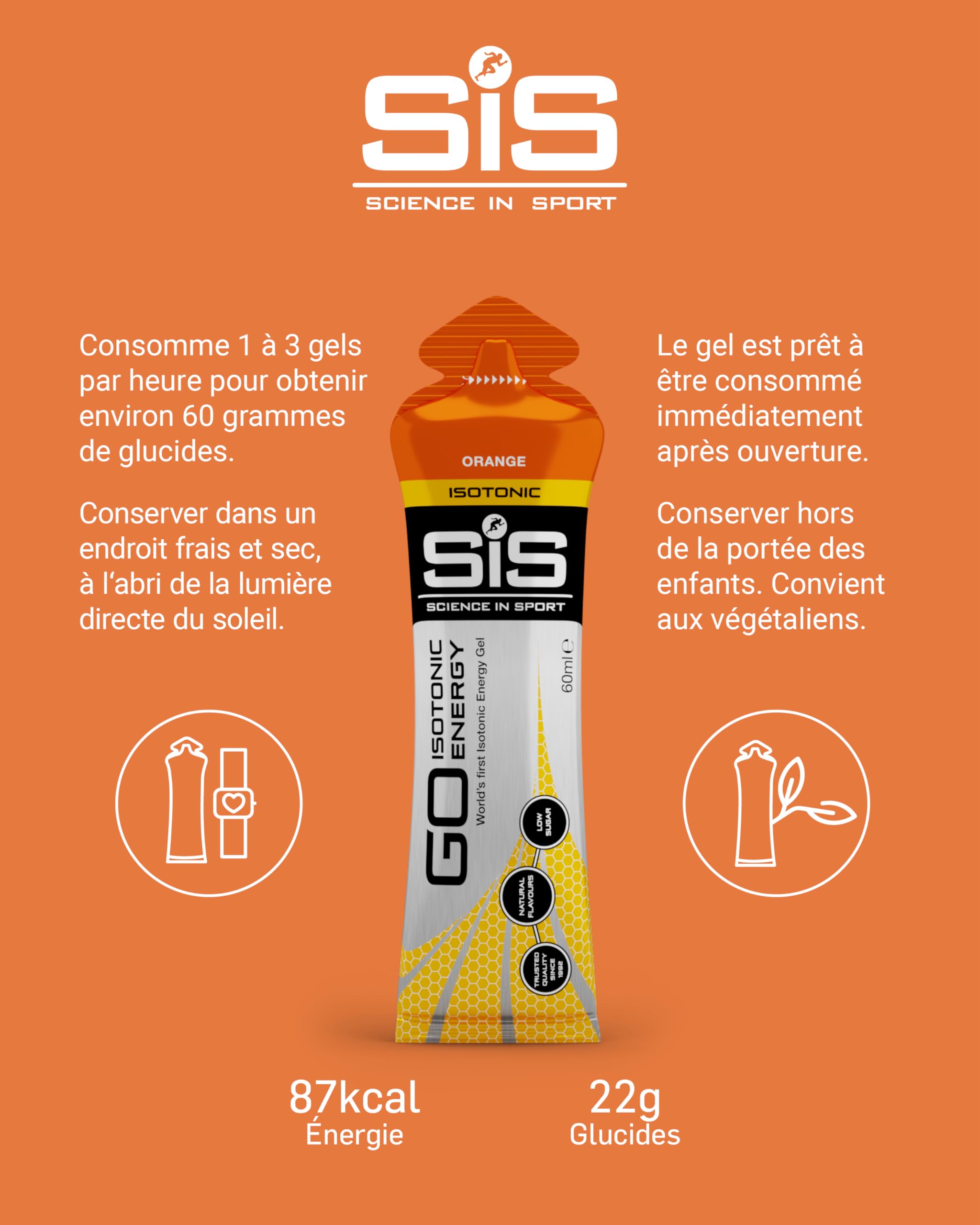 Science In Sport GO Isotonic Energy Gels, Gels de course avec 22 g de glucides, faible teneur en sucre, arôme orange, 60 ml par portion (lot de 30)