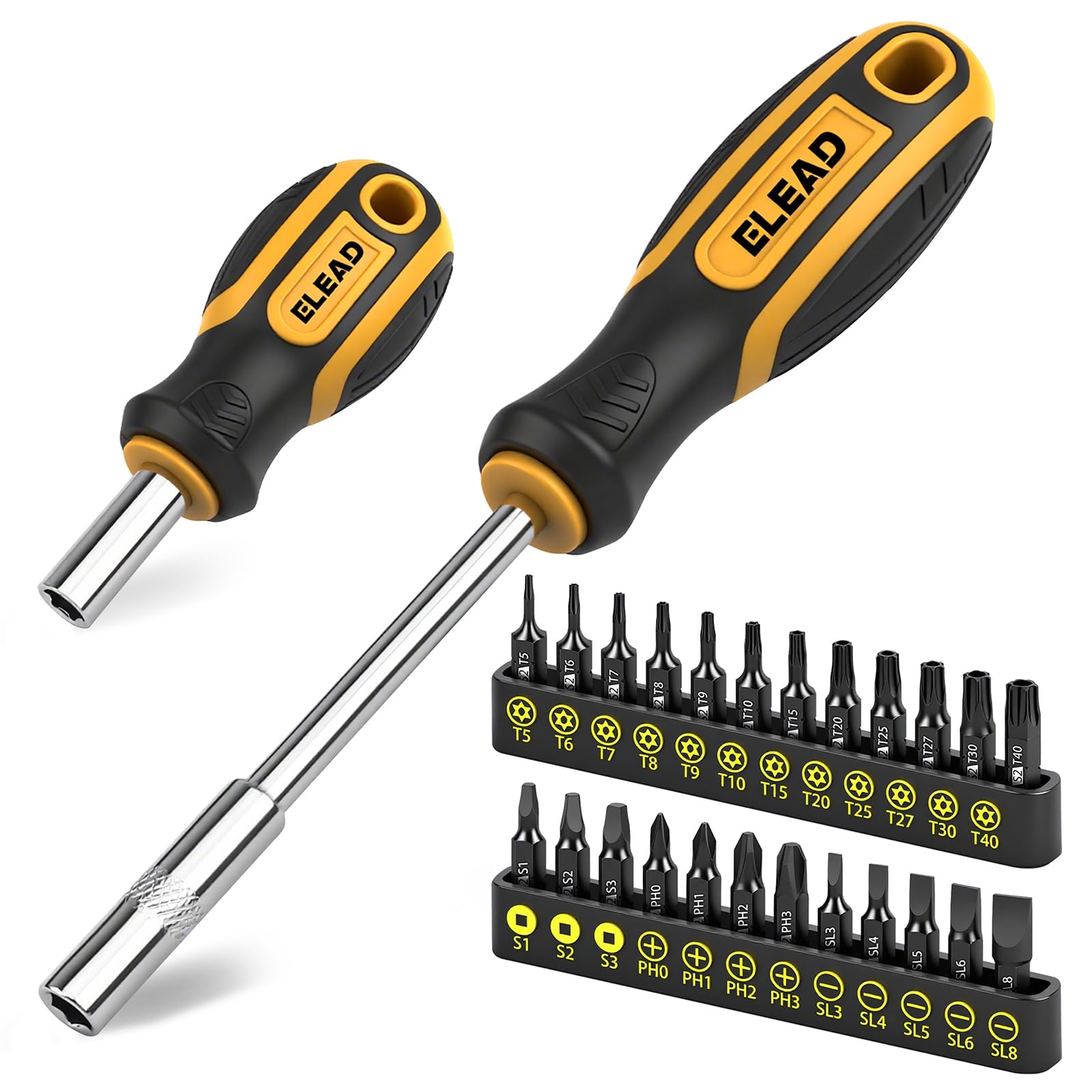 26-Piece Magnetic Security Torx Screwdriver Bit Set - 1/4 inch Magnetic Bit Driver, T5-T40, Ergonomic Cushion Grip 95mm & 210mm Handles, Torx, Square, Phillips, Slotted Bits