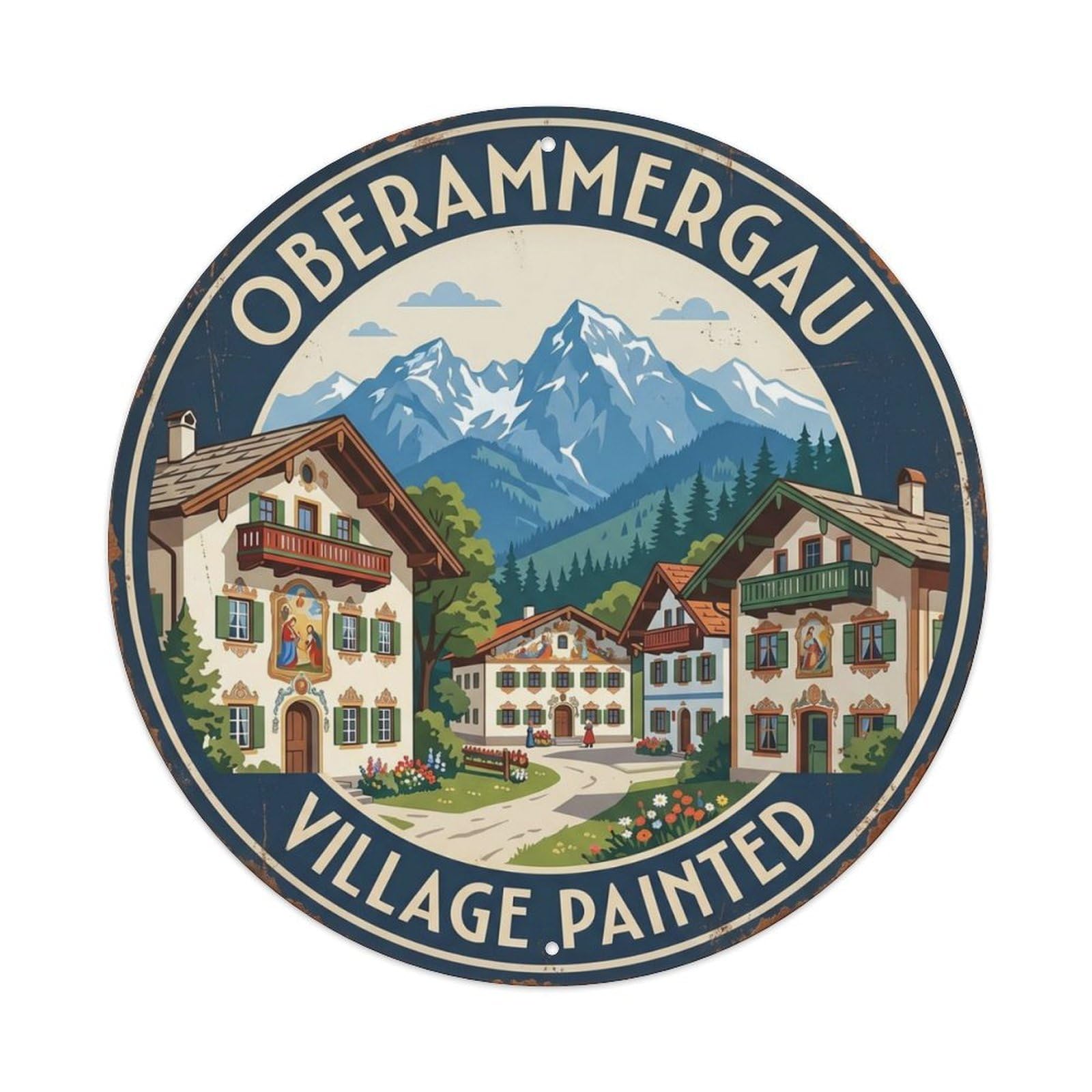 Oberammergau Village Painted Bavaria Town Metal Tin Sign Plaque Wall Decor for Cafe, Club Bar, Office, Home Garden Round Metal Poster 8x8Inch