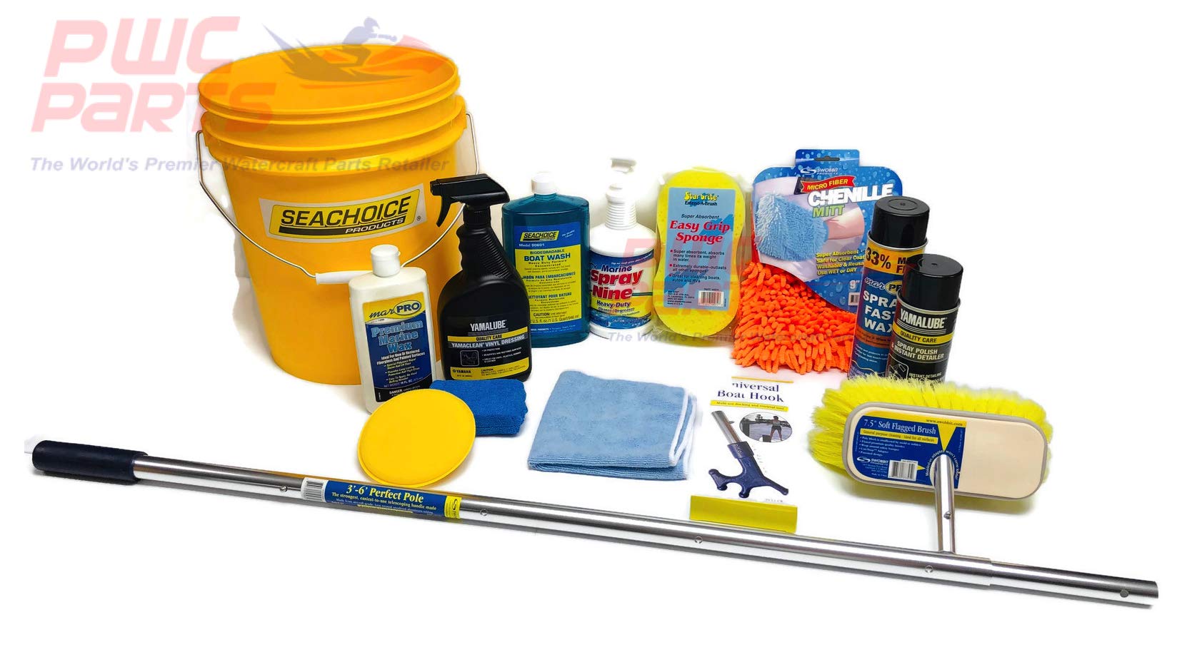 SENECA Marine Premium Boat Wash Cleaning Detailing Washing Maintenance Starter Kit w Premium Marine Wax, Applicator Pads, Vinyl Dressing, Sponge, Microfiber Mitt, Spray Polish, 5 Gal Bucket Brush Kit