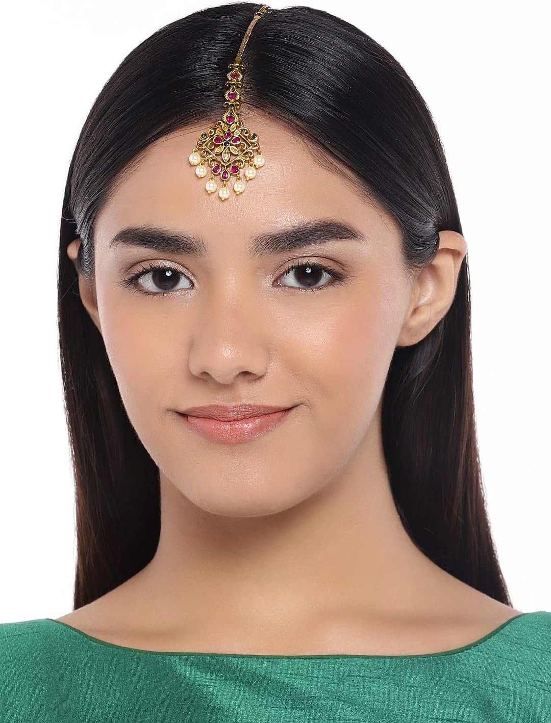 Aheli Drop Pearl Design Headpiece Maan Tikka Encrusted with Faux Stone Wedding Party Indian Traditional Jewelry Gift for Women