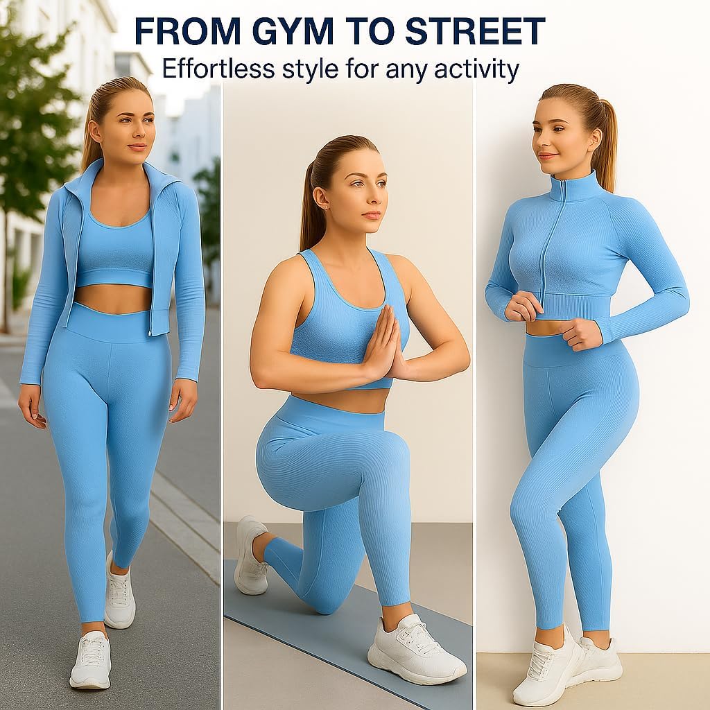 Women's 3 PC Seamless Gym Clothing Workout Outfit with Jacket Bra & Leggings Set - Image 5