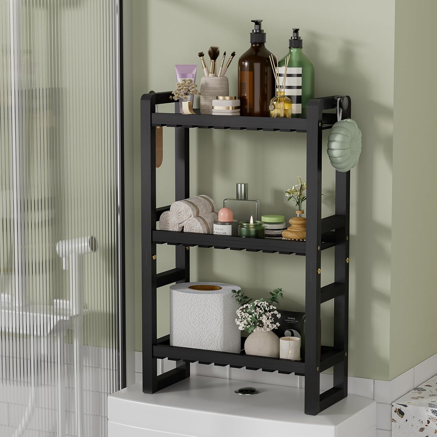 AmazerBath Bamboo Over The Toilet Storage Shelf - 3-Tier Bathroom Organizers and Storage Shelves, 2 in 1 Dual Stable Above Over Toilet Bamboo Shelf Home Storages Rack for Small Bathroom, Black