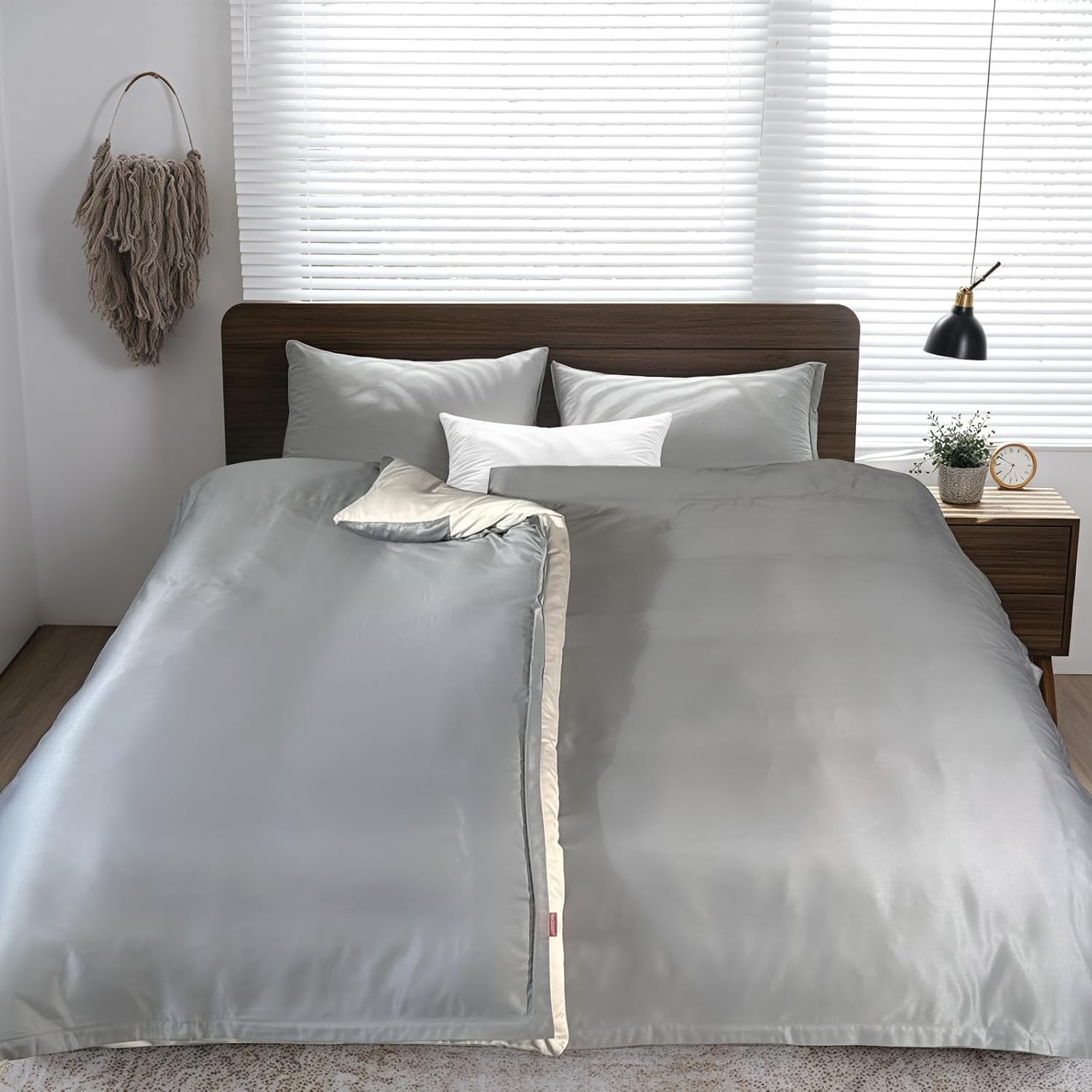 Set di biancheria da letto 4 pezzi, con cerniera su 3 lati, poliestere antistatico ultra-delicato e seta-liscio, design a due lati (Grigio & Crema), offerta vantaggiosa del marchio (2 * 135 x