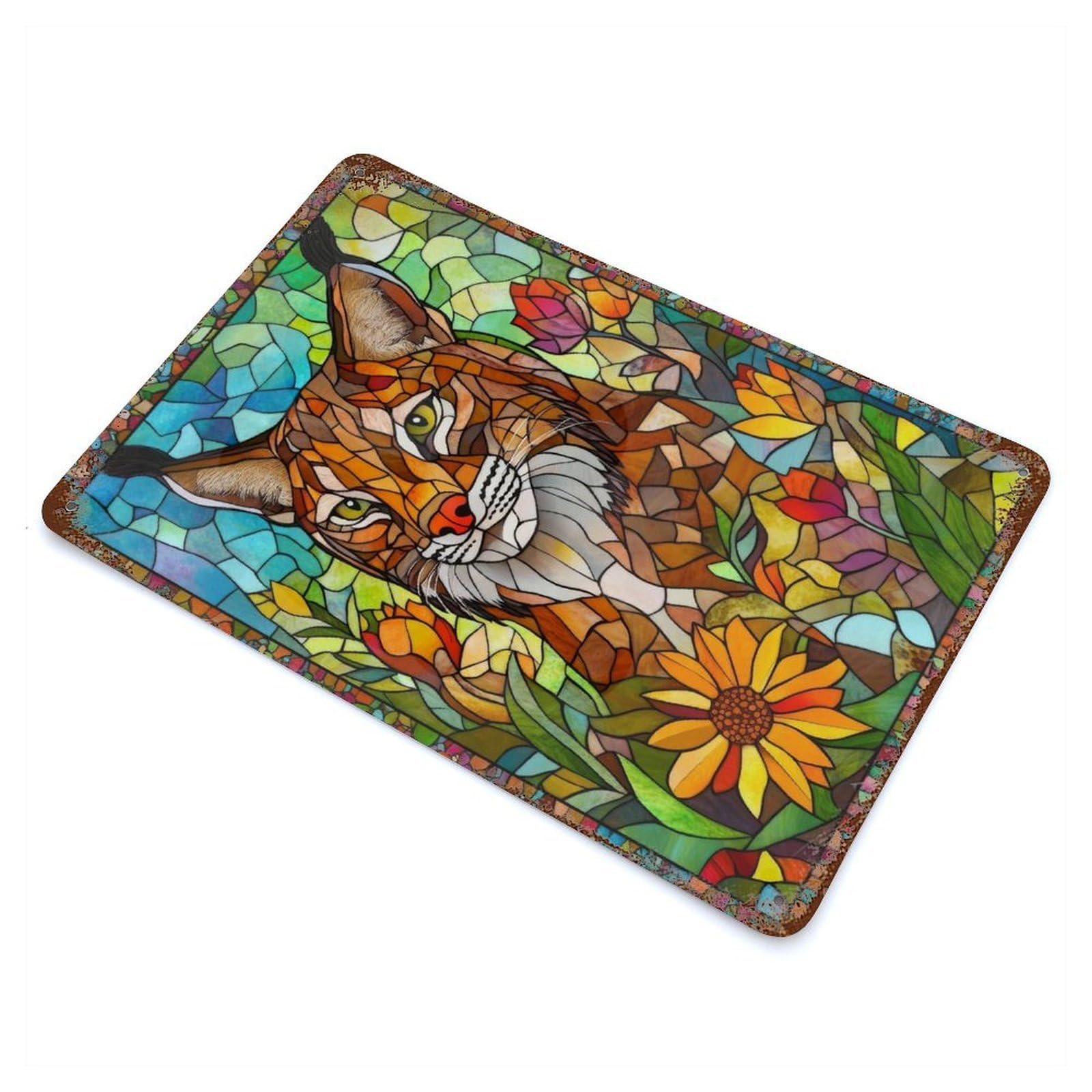 Garage Style Stained Glass Lynx Vintage Rust Metal Sign 11.8"x7.9", Industrial Home Decor for Bar And Workshop