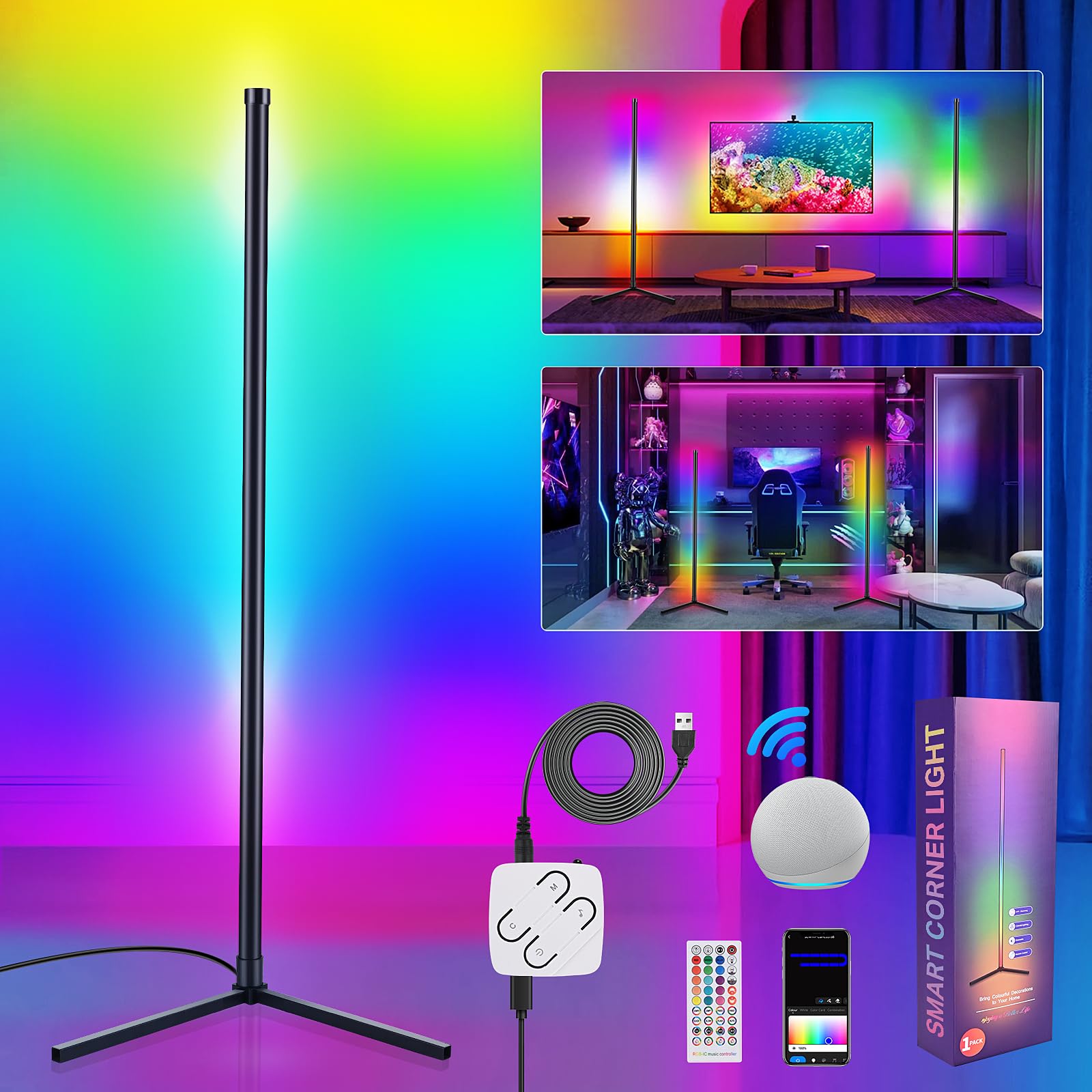 Euakee Lampara de Pie LED RGBIC, Lámpara de Pie Inteligente con Alexa, Control Remoto y APP, Sincronización Musical, DIY, Temporizador, Lampara Inteligente para Salon, Salas de Juegos