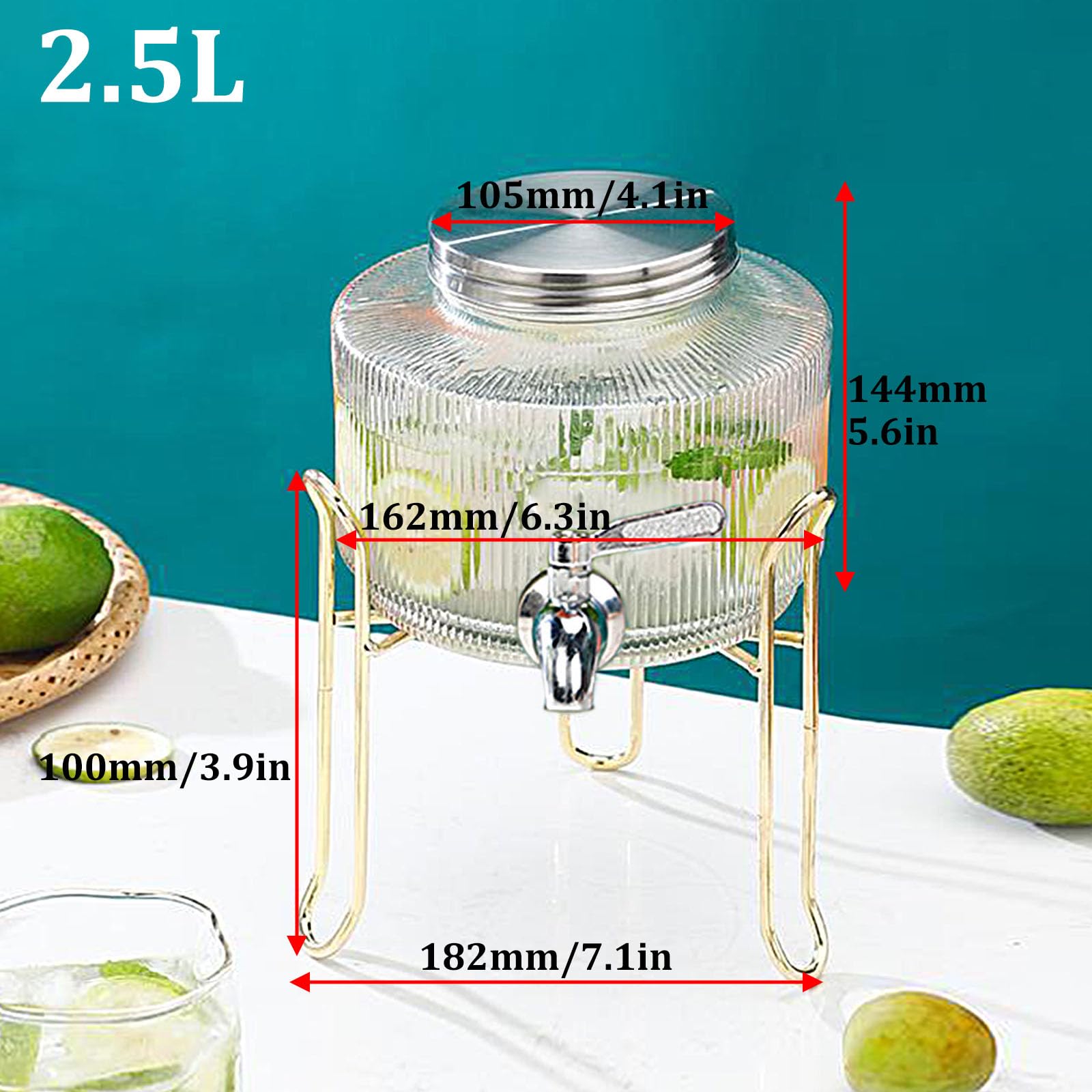 Glaskaraffe,Getränkespender - Zapfhahn Aus Edelstahl Und goldenes Regal -Wasserspender Glasbehälter Für Kalte Getränke,Für Kalt & Heiß Wasser Eistee Kaffee Milch Saft,Faucet a+golden Shelf,2.5L