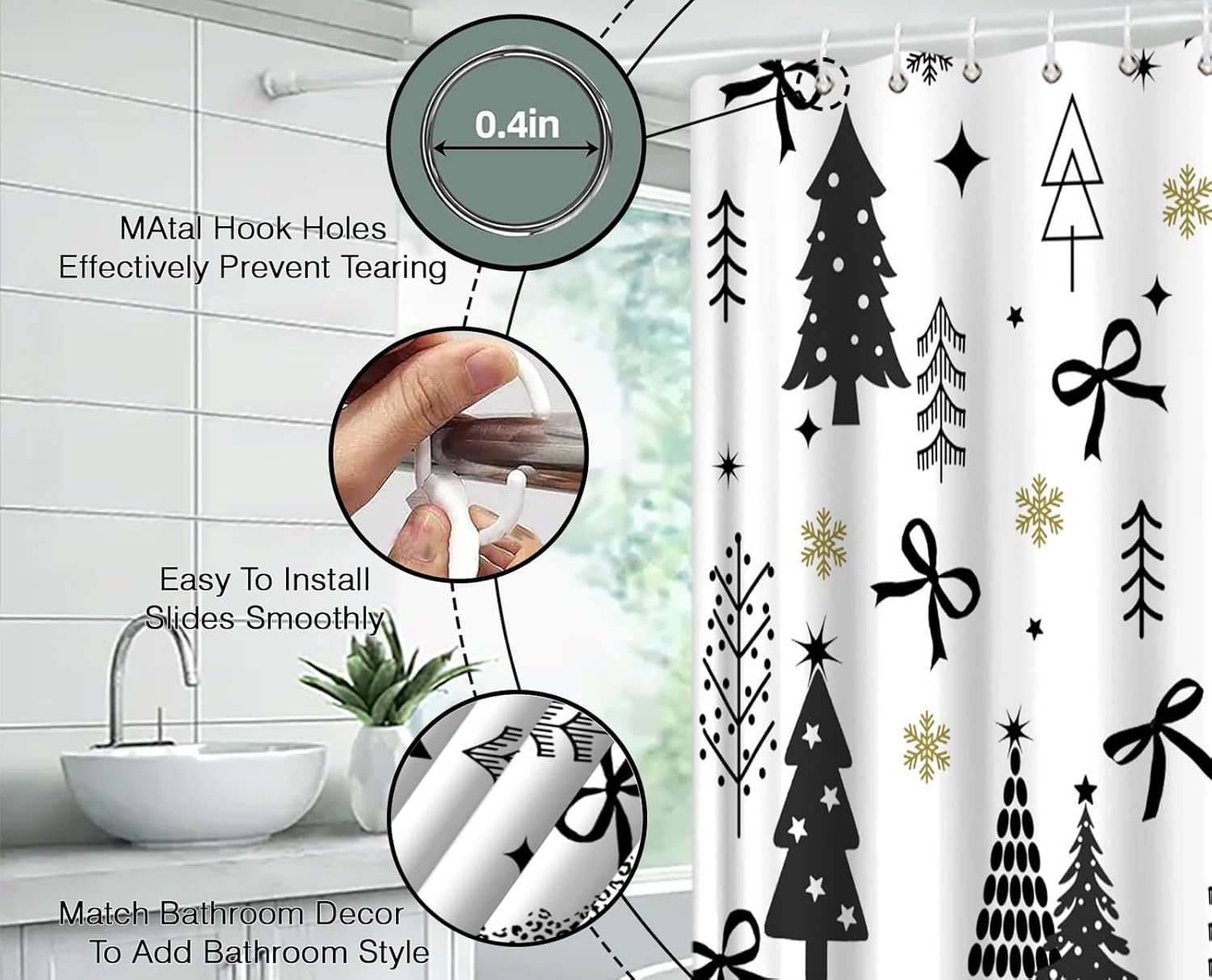 Christmas Shower Curtain 70" Wx75 H,Xmas Tree with Black Bow Winter Holiday Fabric Bathroom Decor Curtains with Hooks,