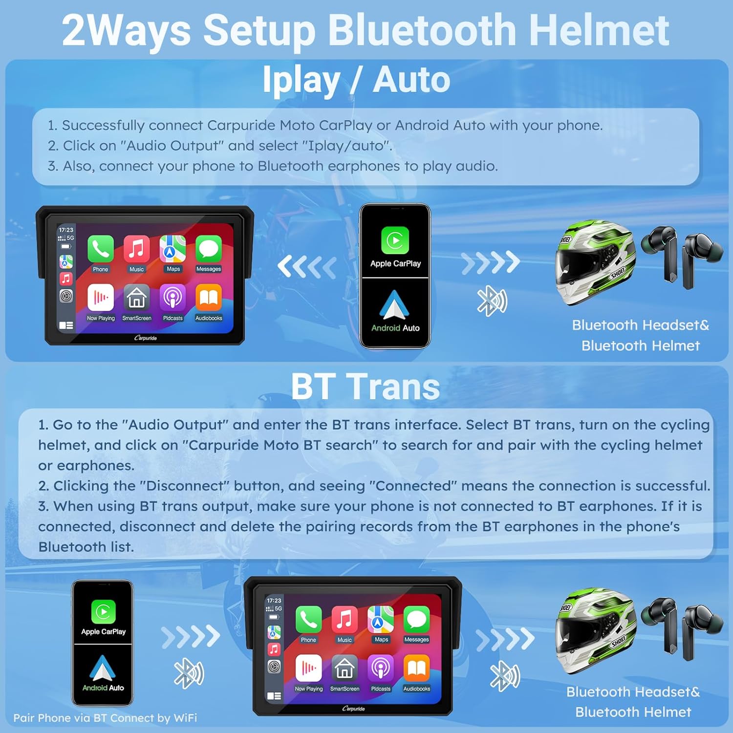 Diagram showing two ways to set up Bluetooth helmet connection for audio