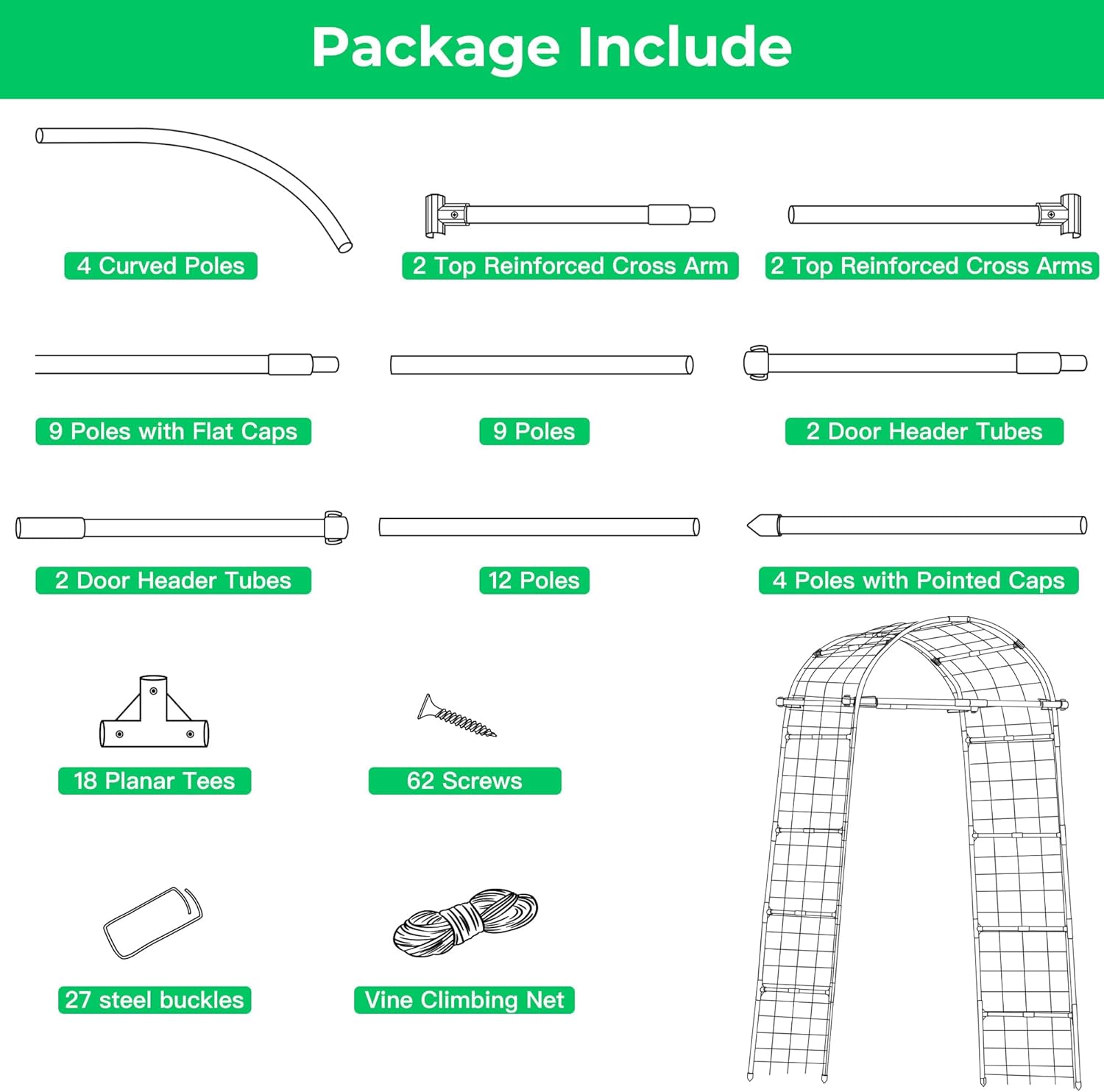 Garden Arch Trellis for Climbing Plants, 82 Inch Tall Grape Trellies for Outdoor,Flower Vegetable Tomato Cucumber Trellis with Clamp Netting, Metal Vine Plants Support for Wedding Garden Decoration