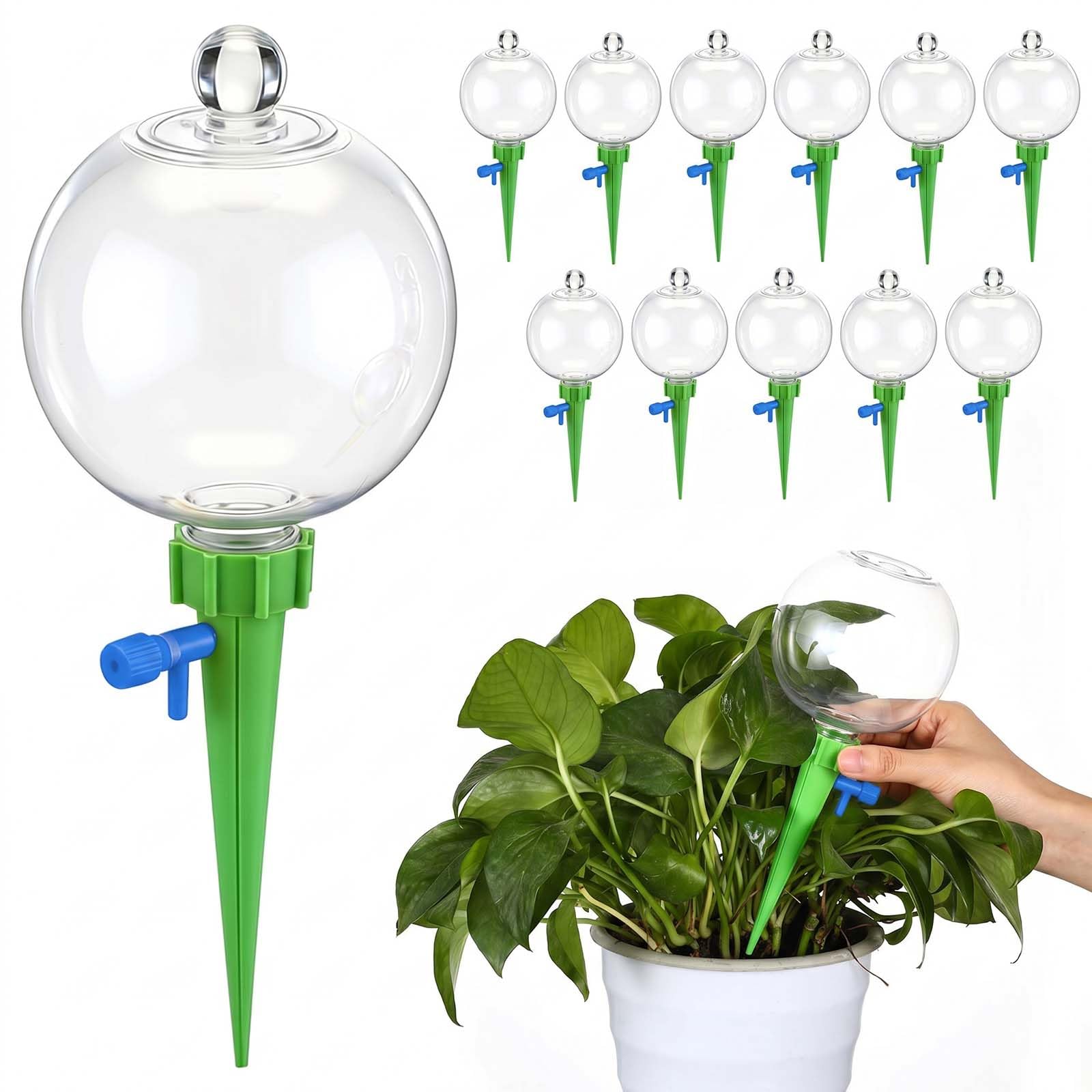 12 sfere autoirriganti per piante da 500 ml, per interni ed esterni, regolabili, in plastica, per riempire le piante, sistema di irrigazione automatica, sistema di punte, paletti (verde)