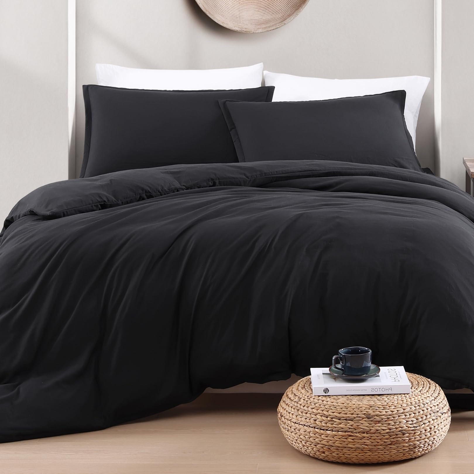 LANE LINEN Double Duvet Cover Set Black - Pre Washed Soft Microfibre Polyester Duvet Cover with Pillow case - Bedding Quilt Cover Set
