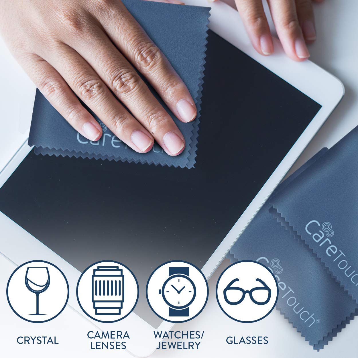 Care Touch Microfiber Cleaning Cloths, 12 Pack - Cleans Eyeglasses, Screens, Lenses, Phones, Other Delicate Surfaces - Large Lint Free Microfiber Glasses Cleaning Cloths - 6"x7" (Navy)
