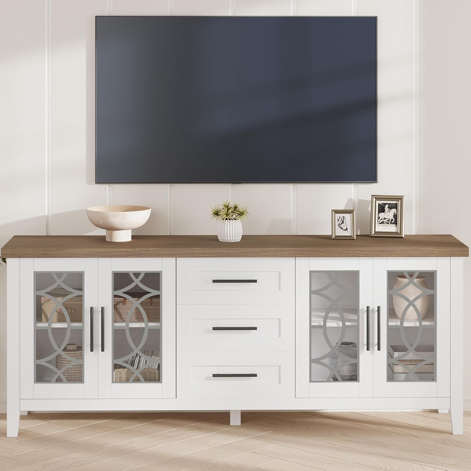 GarveeHome Farmhouse TV Stand with Glass Door for 70 Inch Tv, Mid Century Modern Entertainment Center for Living Room, Rustic Television Stands 2 Storage Door & 3 Drawer for Bedroom (Classic White)
