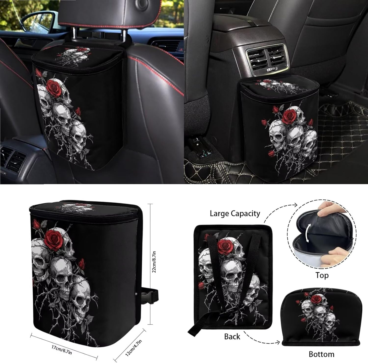 Skull Rose Pattern Car Accessories Set of 15, Full Set Seat Covers with Car Steering Wheel Cover Seatbelt Strap Shoulder Pad Coasters Trash Can Air Vent Storage Bag
