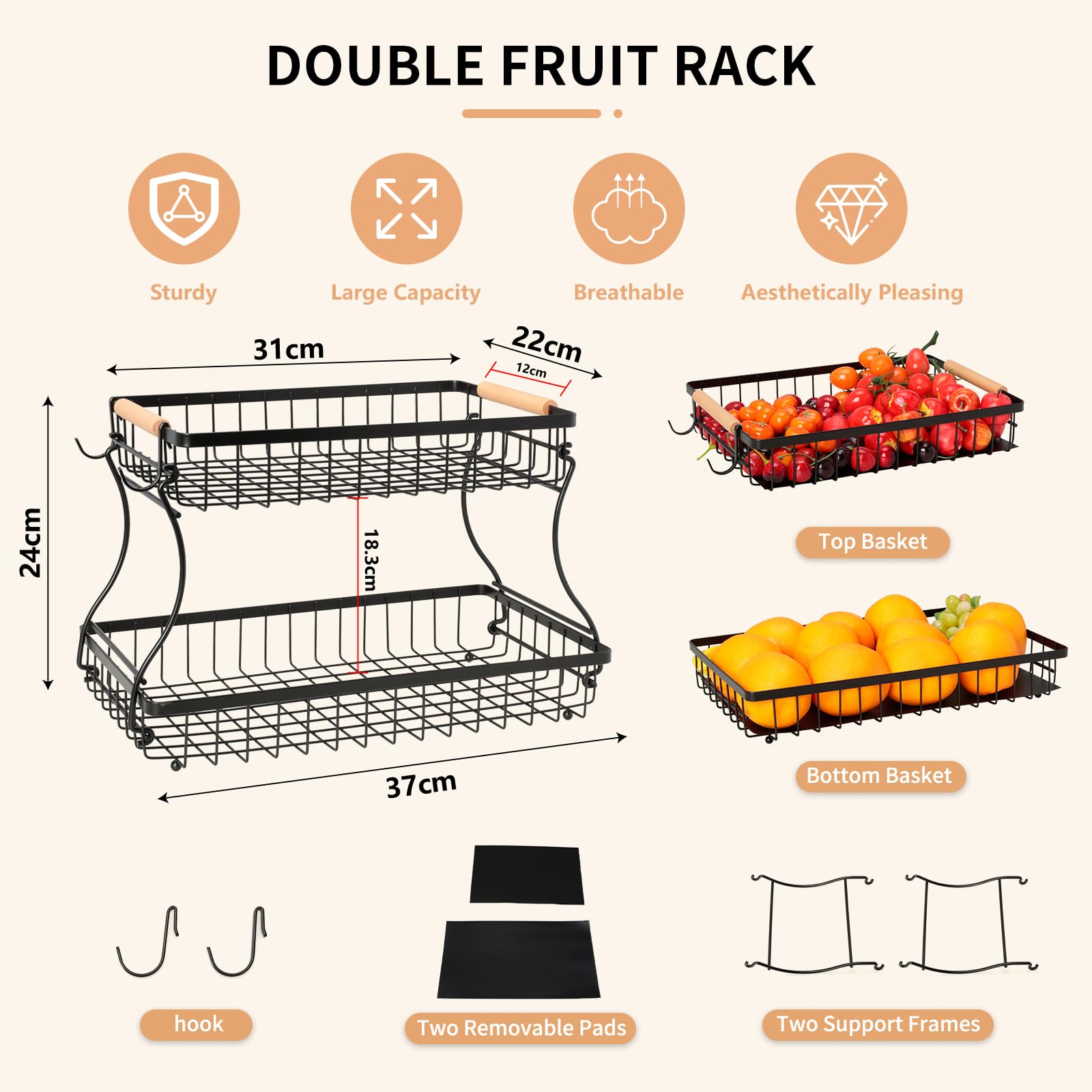 Cozary Portafrutta a 2 Piani, Porta Frutta da Tavolo, Porta Frutta con 2 Ripiani, 2 Ganci, adatto per Snack, Verdure, Pane,per Casa, Cucina, Ufficio, Moderno, 37x24x23cm