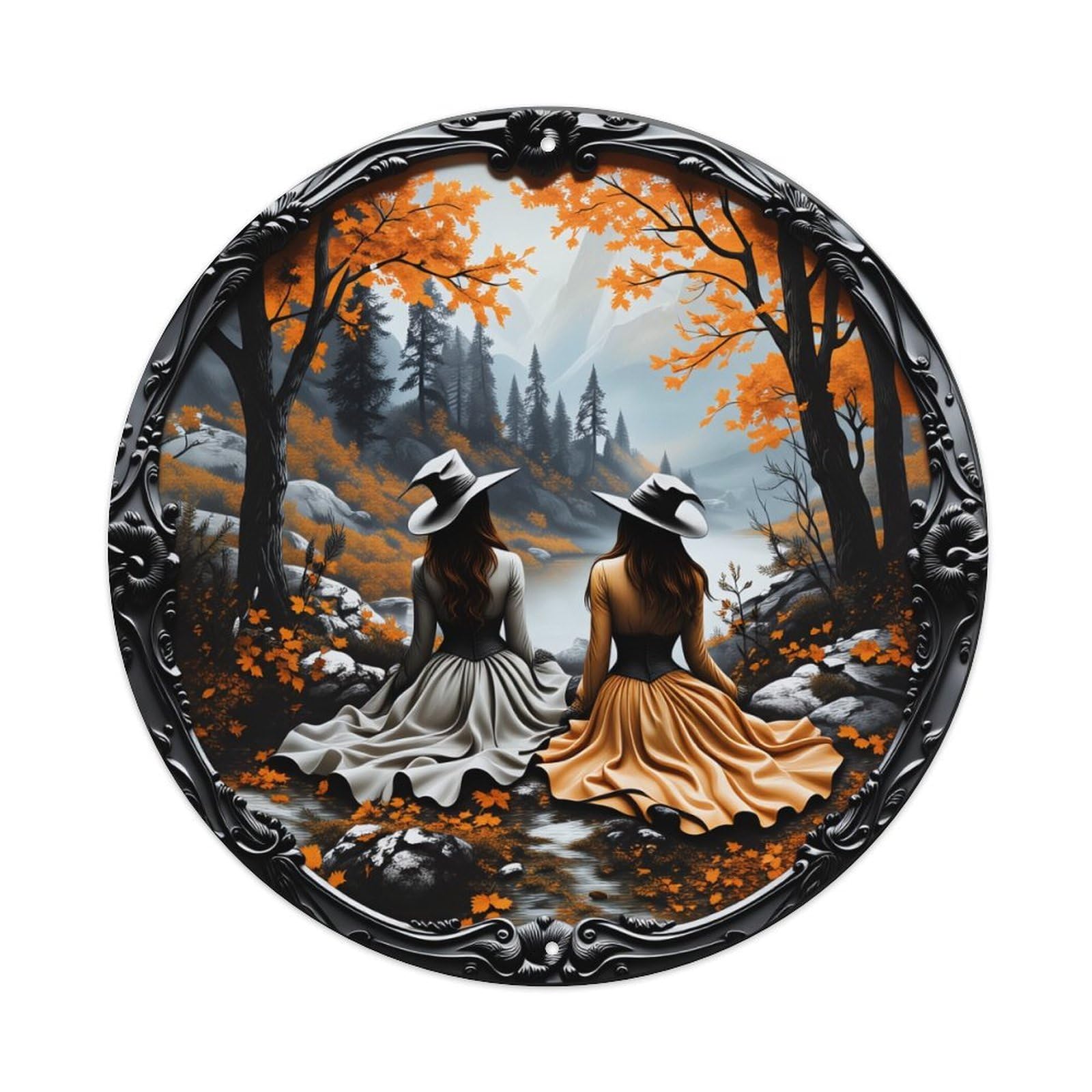 Autumn Forest Two Women Sitting River Side Landscape Metal Tin Sign Plaque