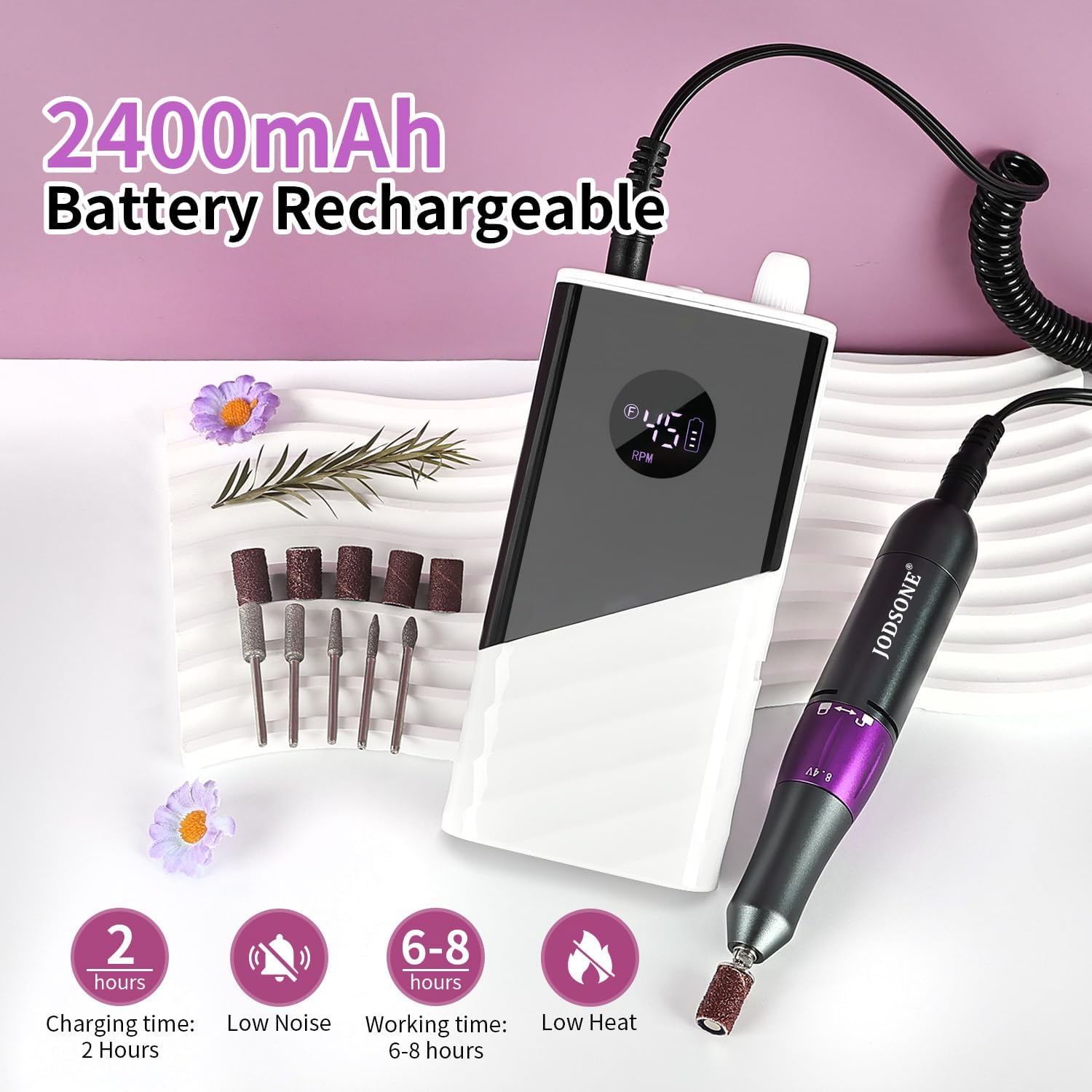 JODSONE Taladro de uñas profesional, 45000 rpm, lima de uñas recargable para la eliminación de gel de uñas, silencioso, portátil para uso en casa y salón