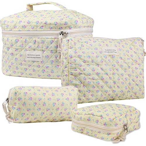 Cute Makeup Bag for Women(4 Pcs), Travel Cosmetic Bags, Quilted Coquette Aesthetic Floral Toiletry Organizer Bag (44 - Purple Rose/4PCS)