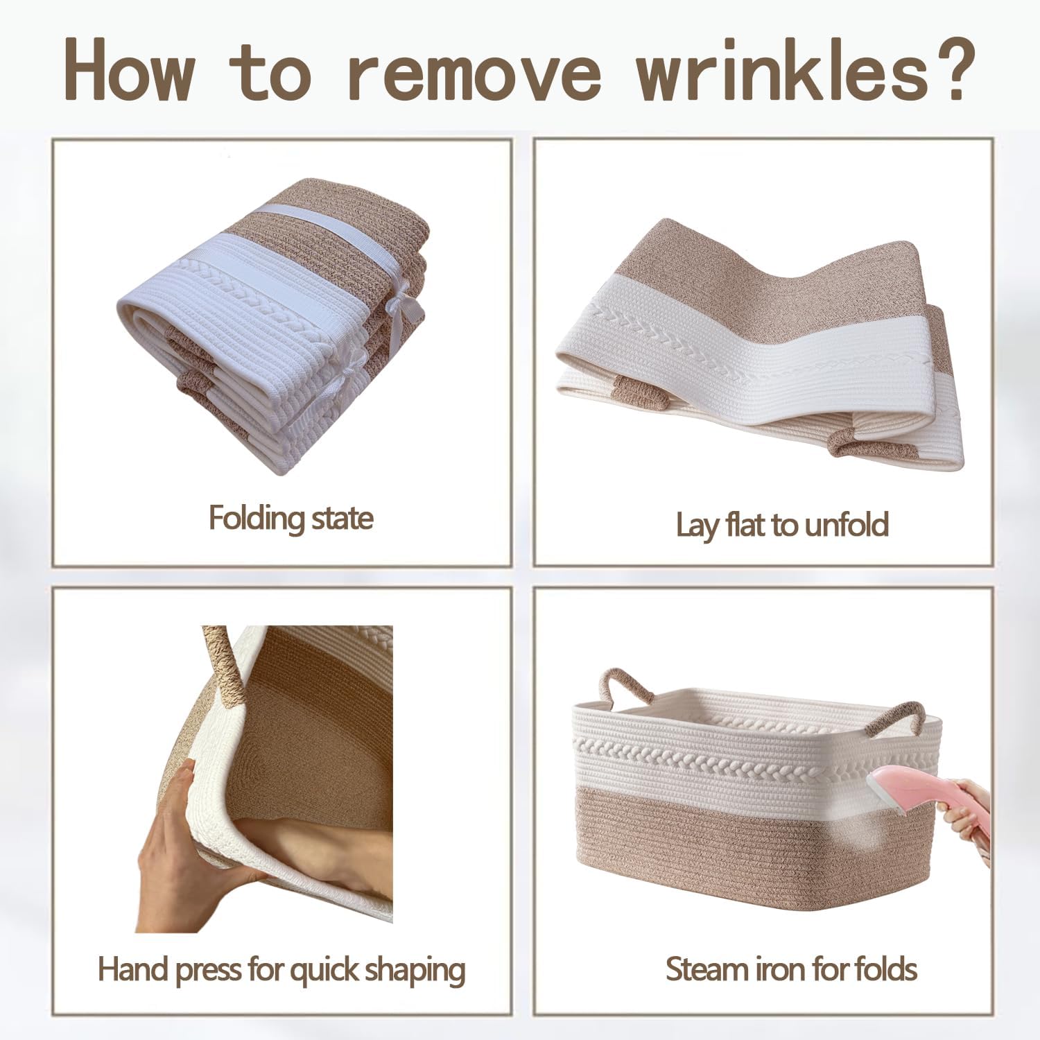 Decorative laundry basket with handles woven from natural cotton rope storage blankets for living room cute boho quilted gift baskets for clothes pillows toys 20"x14"x10",white/brown - Image 5