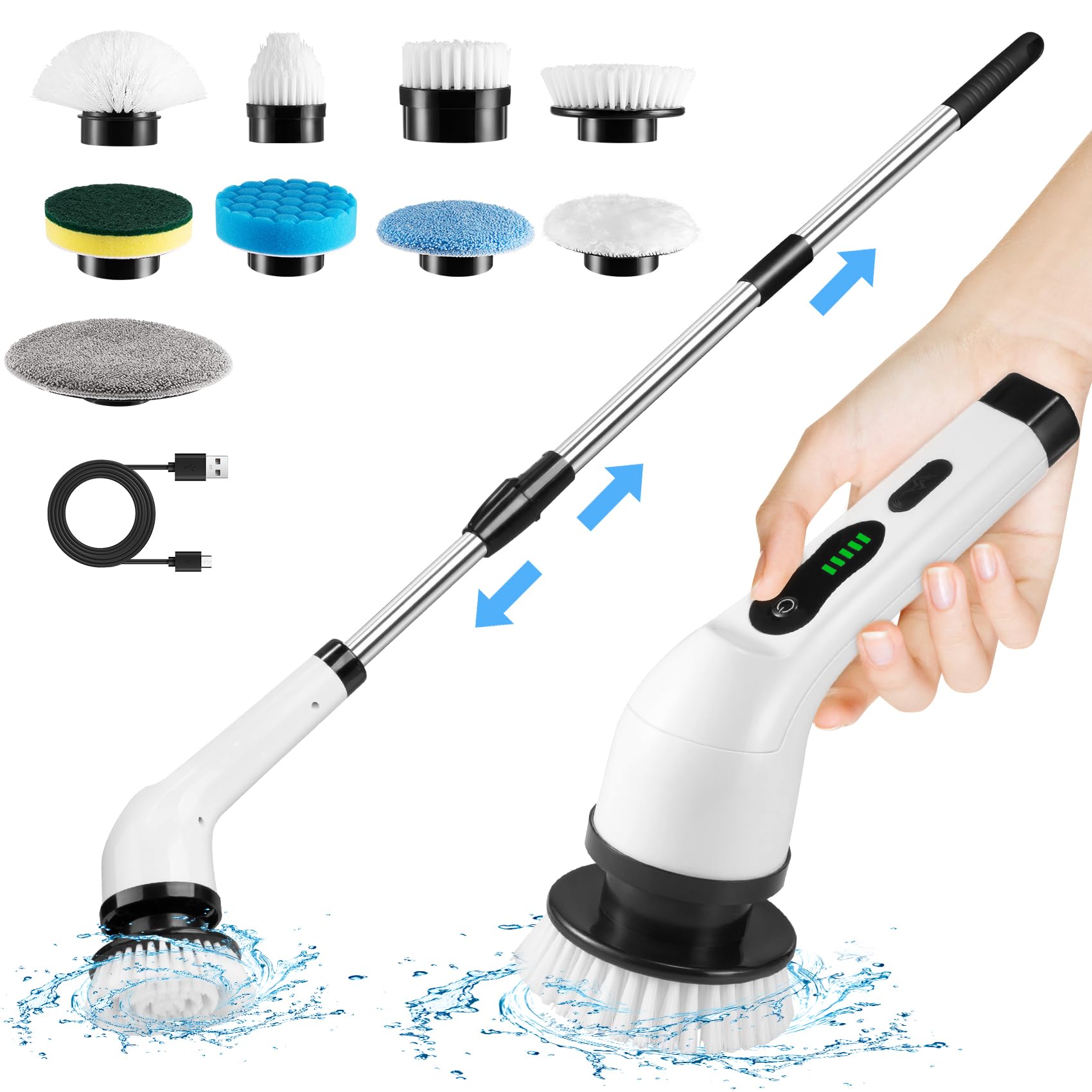 Electric Spin Scrubber, Electric Scrubber for Cleaning Bathroom Floor Tub Tile, Cordless Electric Cleaning Brush with 9 Replaceable Brush Heads, 2 Speeds Power Shower Scrubber with Extension Handle