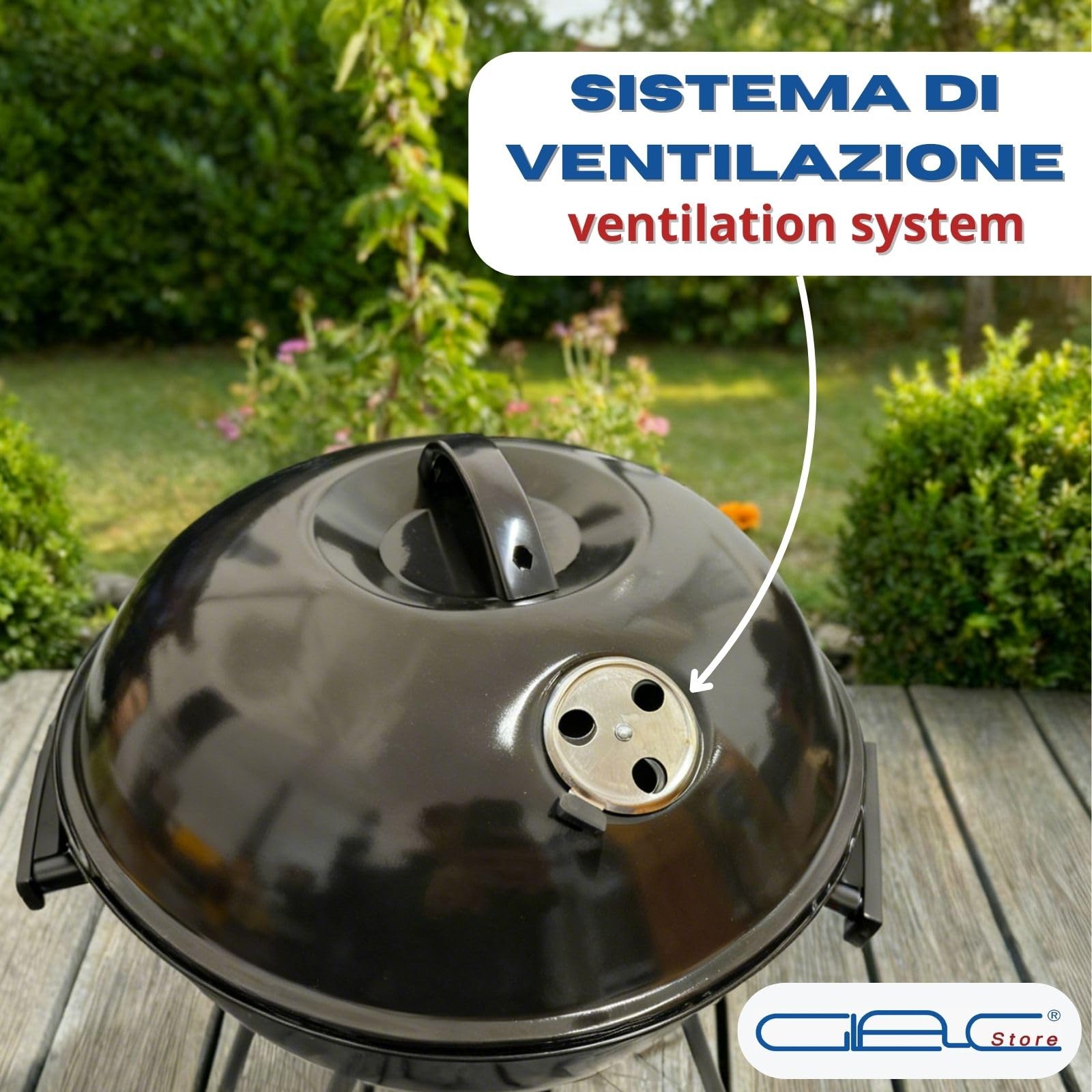 Barbecue a Sfera con Coperchio, Grill a Carbonella da Esterno, Ø 44 cm, 70 cm Altezza, con Ruote e Raccoglicenere, Nero