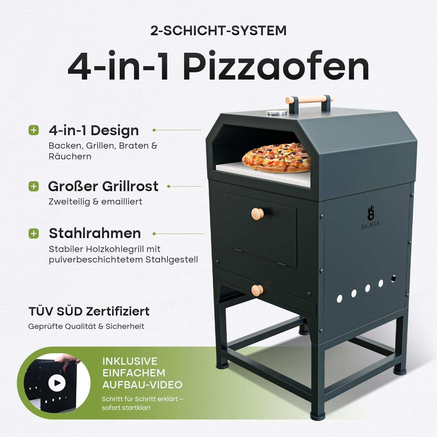 Pizzaofen Outdoor 2-in-1 mit Feuerstelle | XXL Zubehör Set inkl. Cordieritstein, Thermometer, Kohleschale & Abdeckhaube