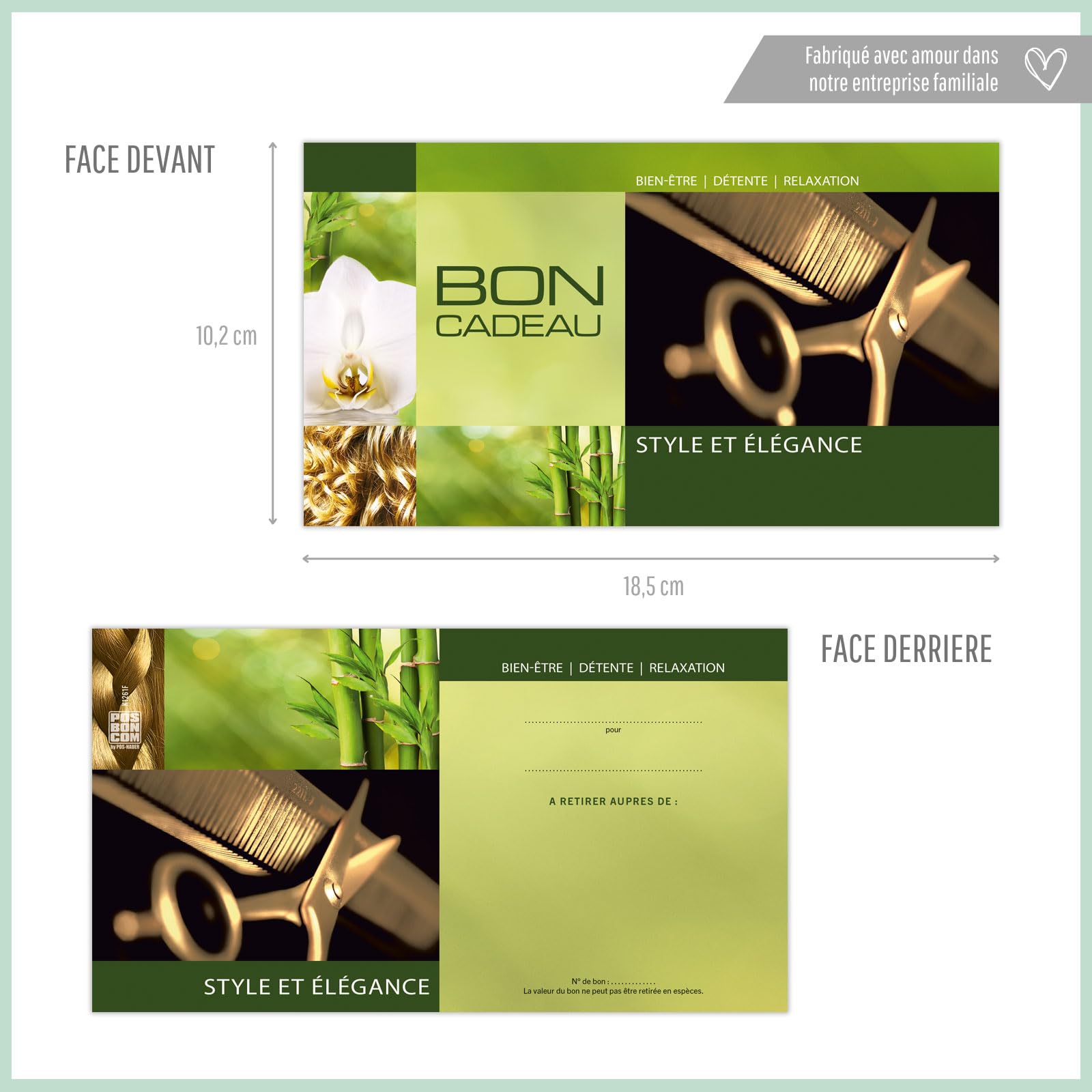 POS BON - 100 bons cadeaux à remplir avec enveloppe/nœud ruban - formulaires imprimés pour des salons de coiffure K1261F-2-100-V1