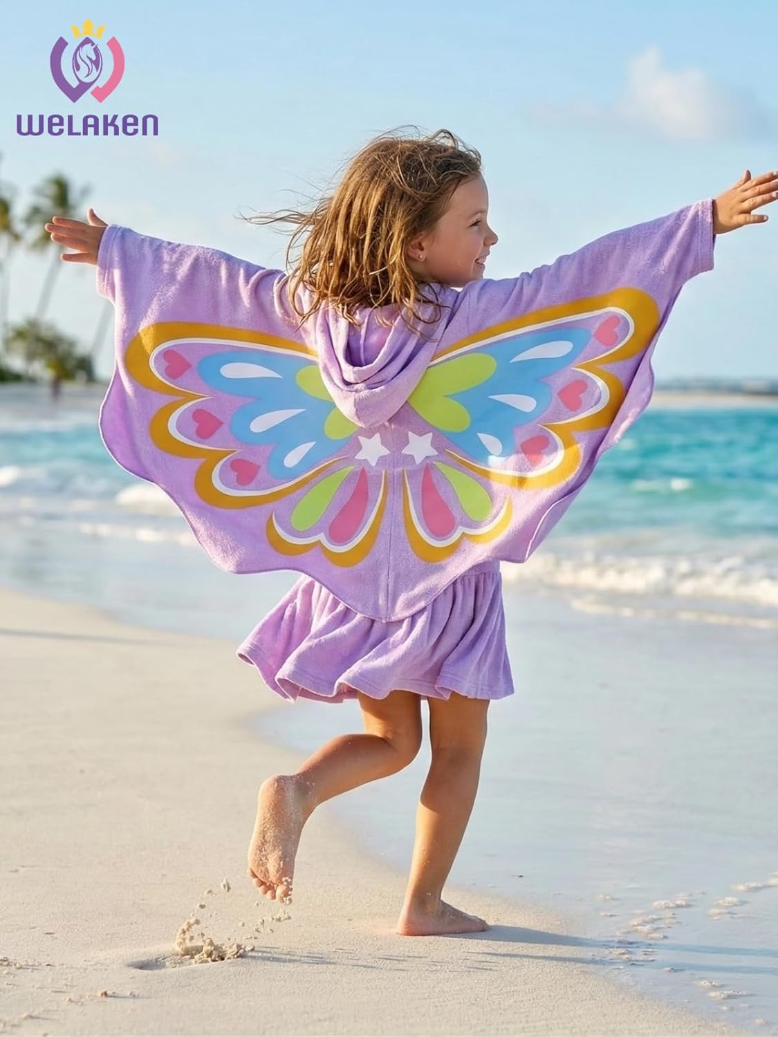 Girls' Butterfly Swim Cover Up Hooded Terry Zip-Up Bathing Towel Suit Wrap with Pockets for Toddlers & Kids