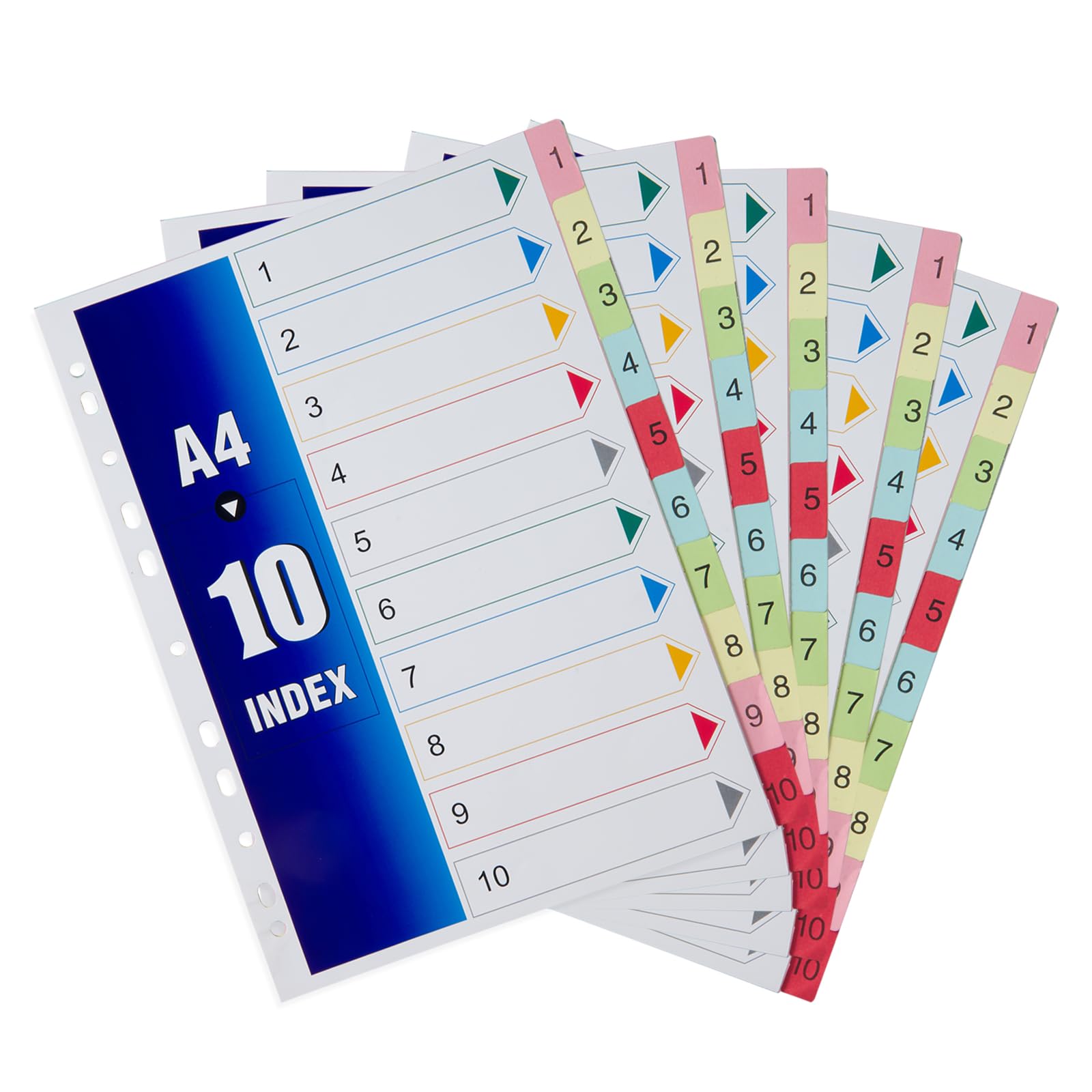 FOSHISY A4 File Dividers 10 Part Numbered 1-10, A4 Paper Subject Dividers with 10 Part Card, File Index Dividers with Colourful Tabs, Multi Hole Punched,Fit for A4 File Folders (5 Packs)