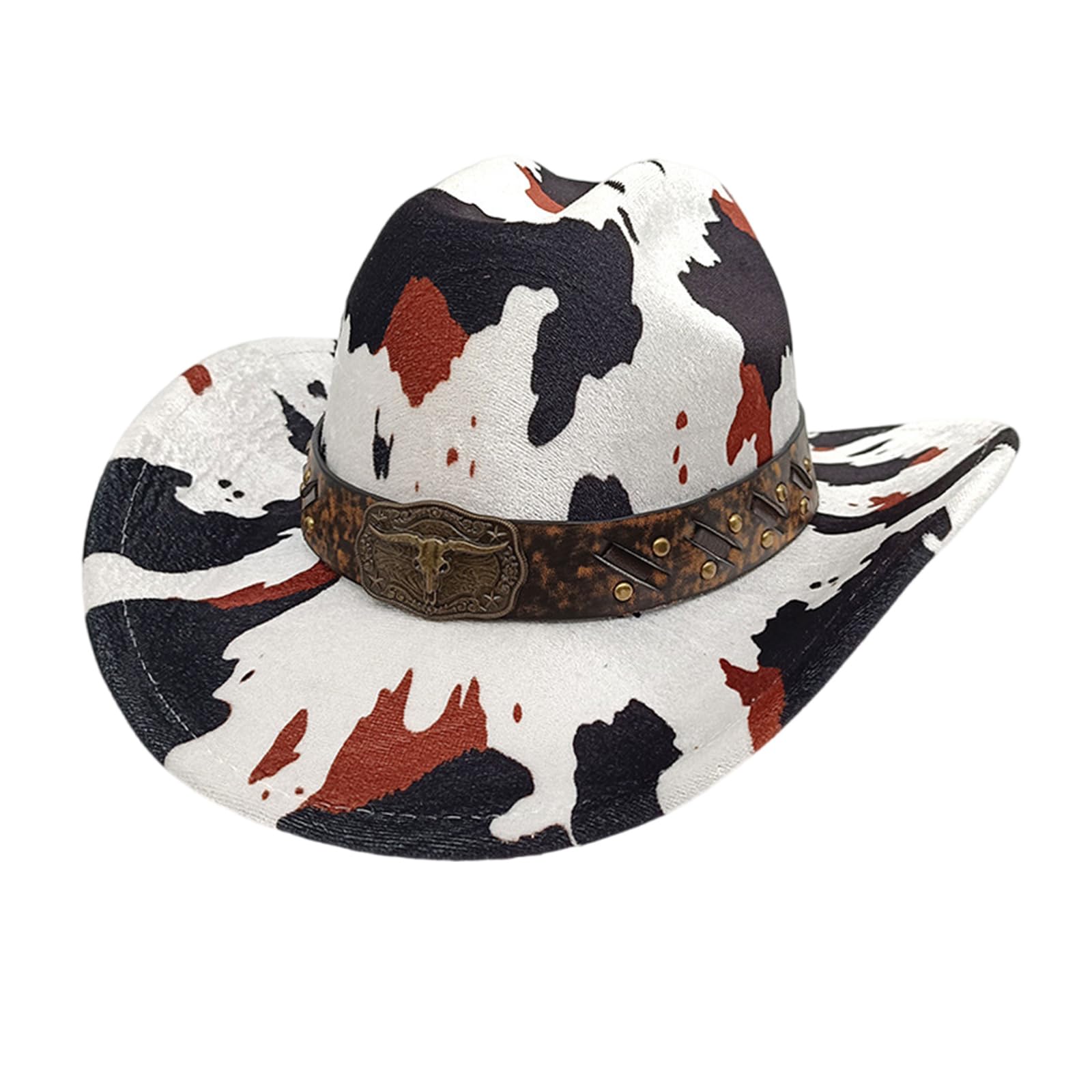 MICFENY Antique Wide Brims Fedoras Hat with Cow Pattern Cow Head Western Theme Hat for Camping Horseback Ridings