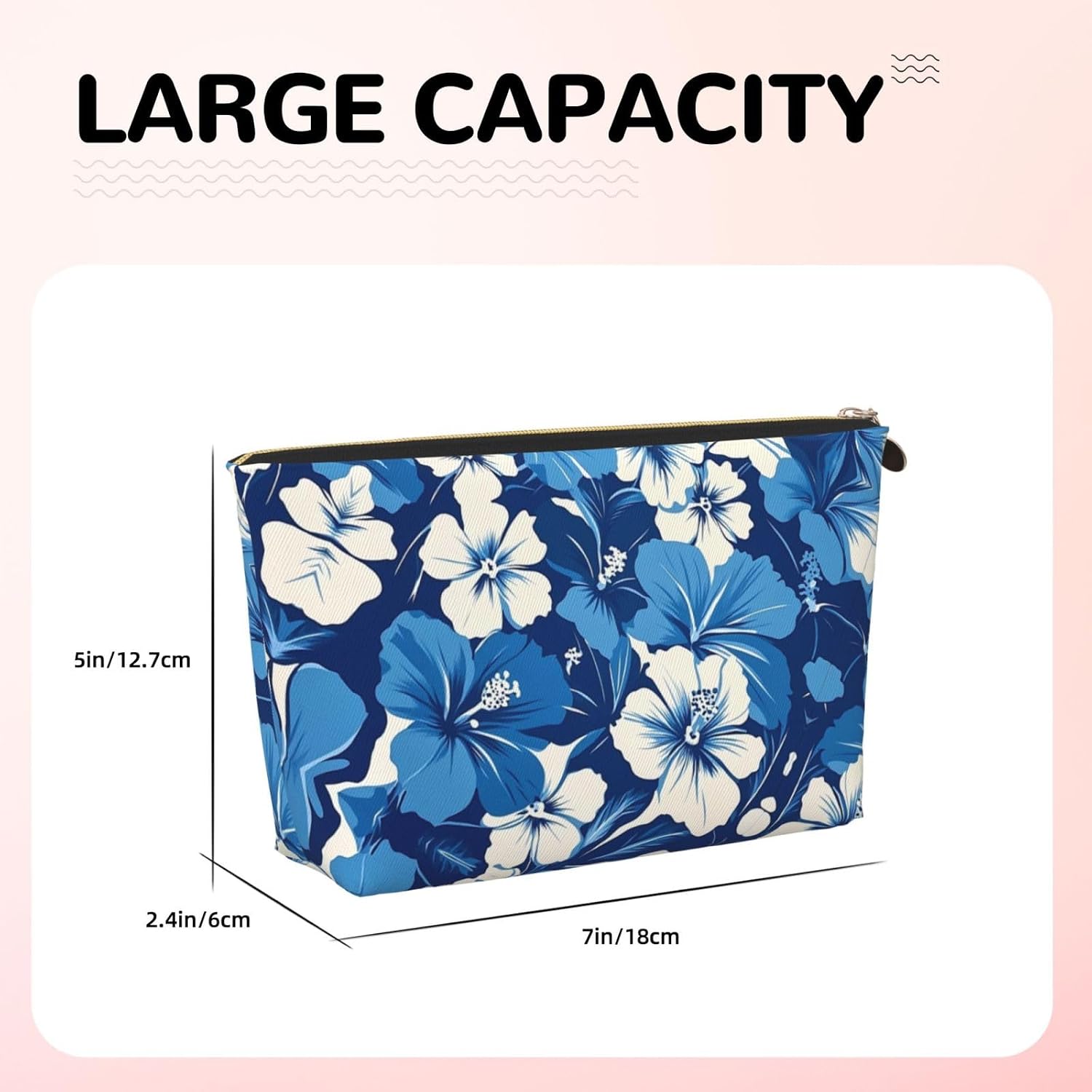 Mothers Day Gifts Makeup Bag Purse Cosmetic Bag Travel Toiletry Leather Make Up Bags for Mom Wife Women Daughter Blue Hibiscus