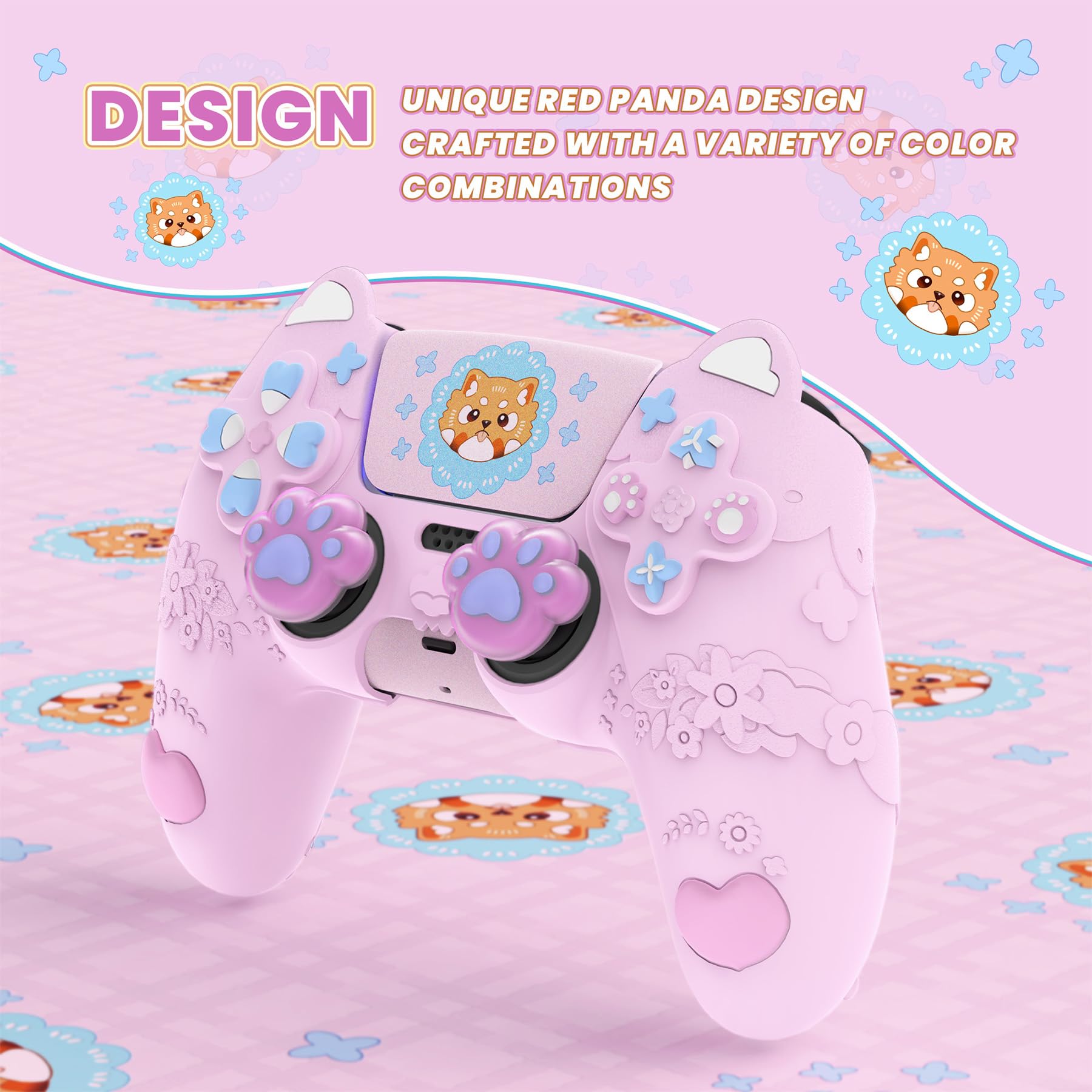 PlayVital Kawaii Funda de Silicona para ps5 Mando - Diseño de Panda Rojo Primaveral, con Tapas de Joystick y Pegatina, Antideslizante y Antigolpes, Compatible con Estación de Carga (Rosa Dulce)