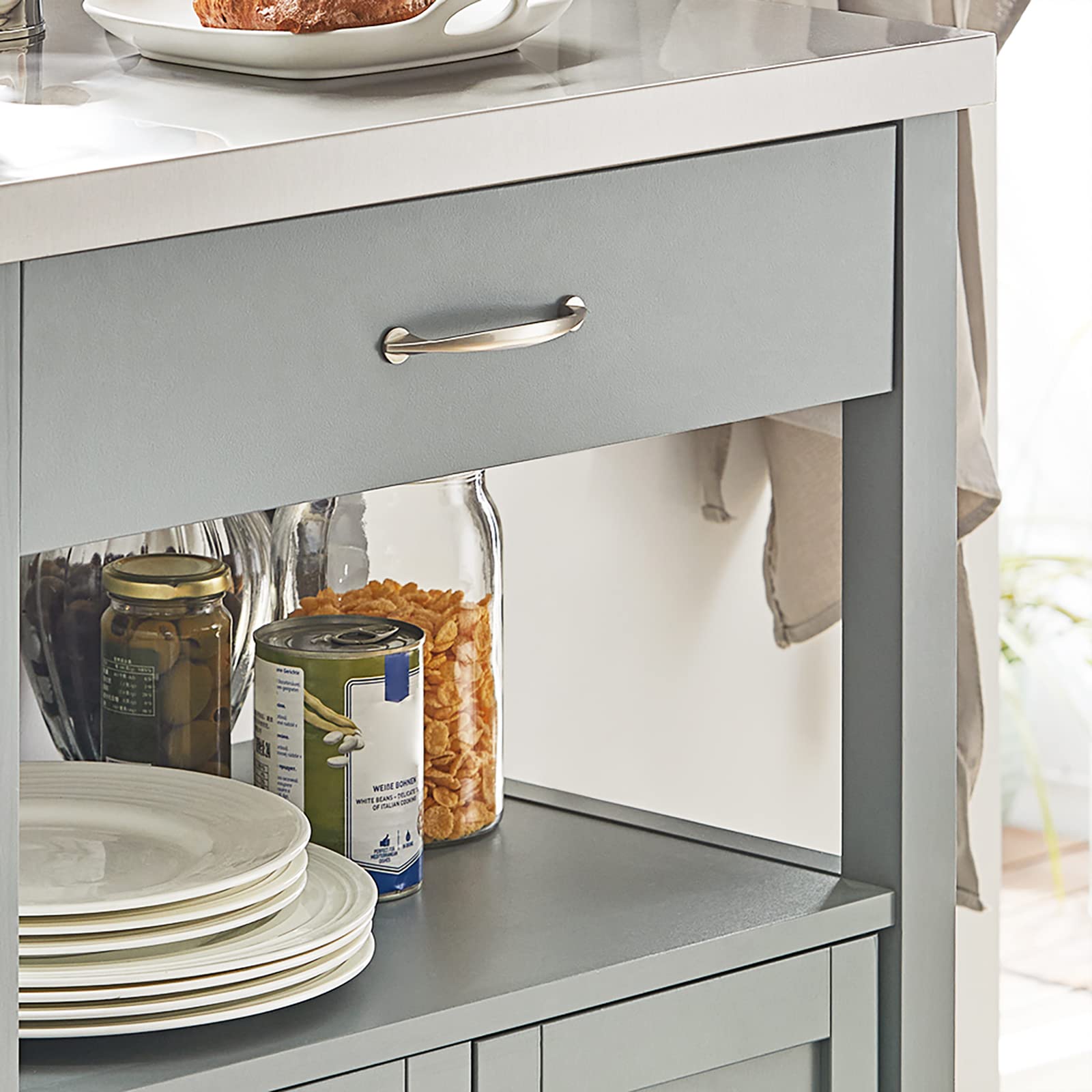 SoBuy Carrito Cocina con Ruedas, encimera INOX & 4 Ruedas, 60x92x44cm | Mueble Auxiliar con cajón, estante abierto & armario de 2 puertas, compacto, MDF, cocina & exterior & dormitorio, FKW22-HG