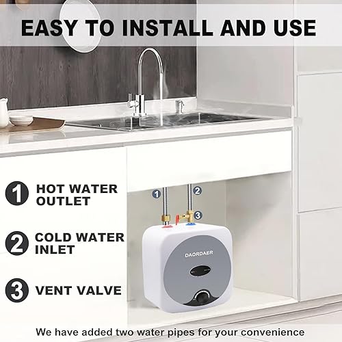 Miniatura 5 de Calentador de agua eléctrico de mini tanque de 110120 V, 1.5 kw, 2.5 galones, compacto para debajo del fregadero, perilla del calentador de agua,