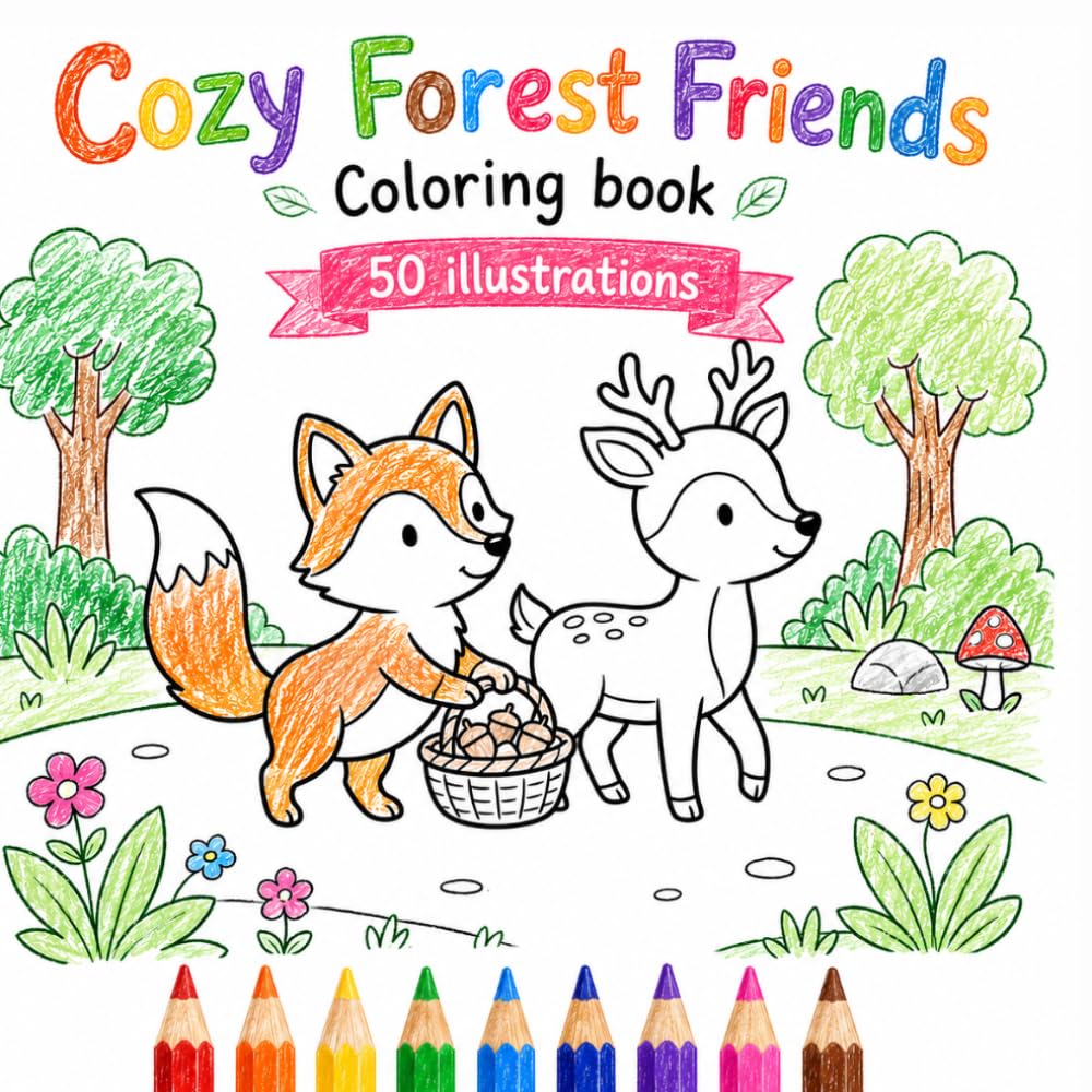 Cozy Forest Friends: A Cute Woodland Coloring Book with Adorable Animal Friends, Mushrooms, Acorns, Lanterns, Forest Homes, and Cozy Nature Scenes (Cozy Little Friends)