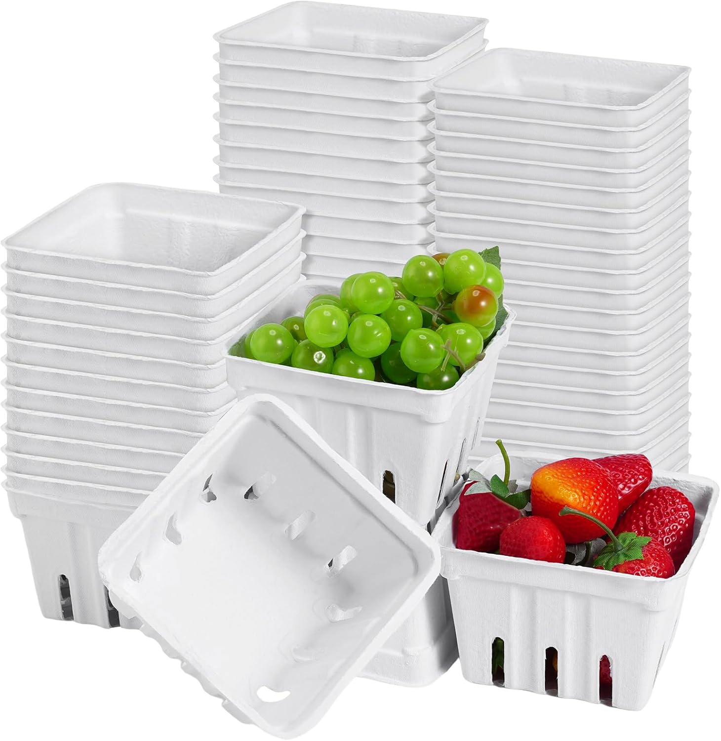100 Pcs Tticai 1 Quart White Molded Pulp Fiber Berry Basket Crafts Produce Vented Container Paper Strawberry Basket for Packaging Fruit and Vegetable, Farmer Market, Grocery Store and Backyard Party
