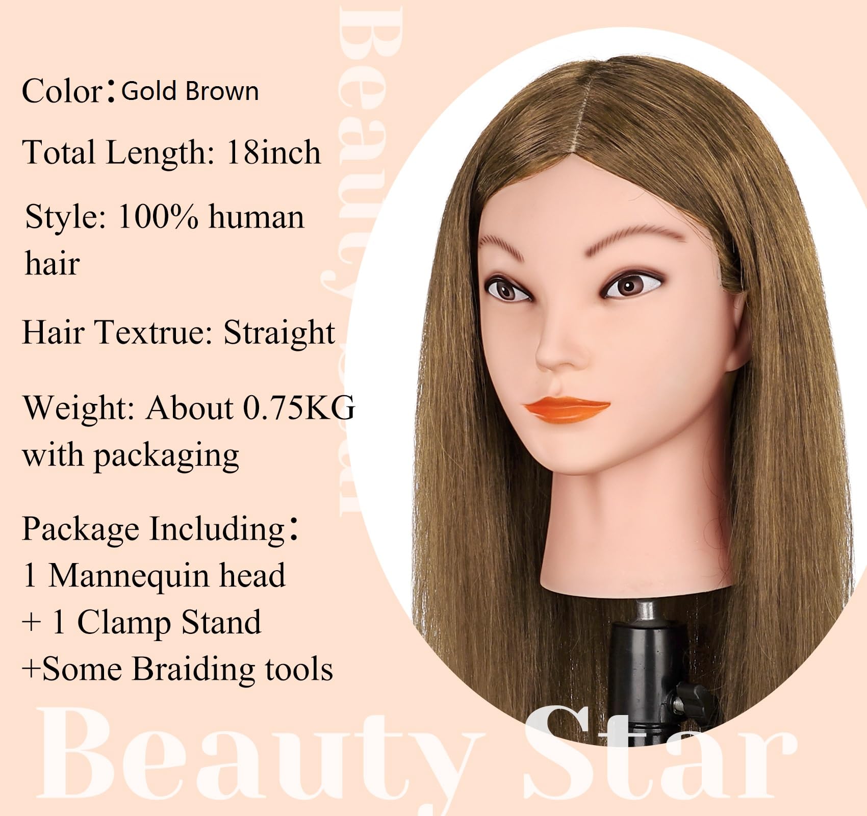 Cabeza de maniquí con cabello humano 100% real, 18 pulgadas, cabello castaño dorado, cabeza cosmetológica, cabeza manicana de muñeca para practicar estilos de cabello, cabeza de 6