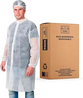 XARA Bata Quirurgica Desechable - Talla XL 112 x 138 cm - Pack 10 - Bata Desechable con Cierre de Contacto - Material: TNT Polipropileno 25 gr - Ropa Desechable Transpirables