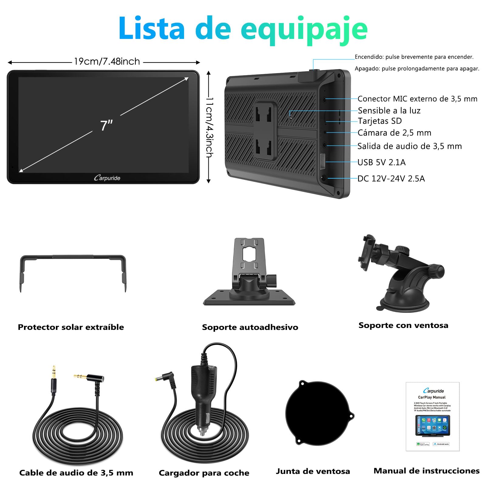 Carpuride Estéreo para Coche, Carplay inalámbrico portátil y Android Auto, Radio de Pantalla táctil HD 1080P de 7 Pulgadas con BT 5.0, Soporte de Enlace de Espejo para camión RV Dash Mount