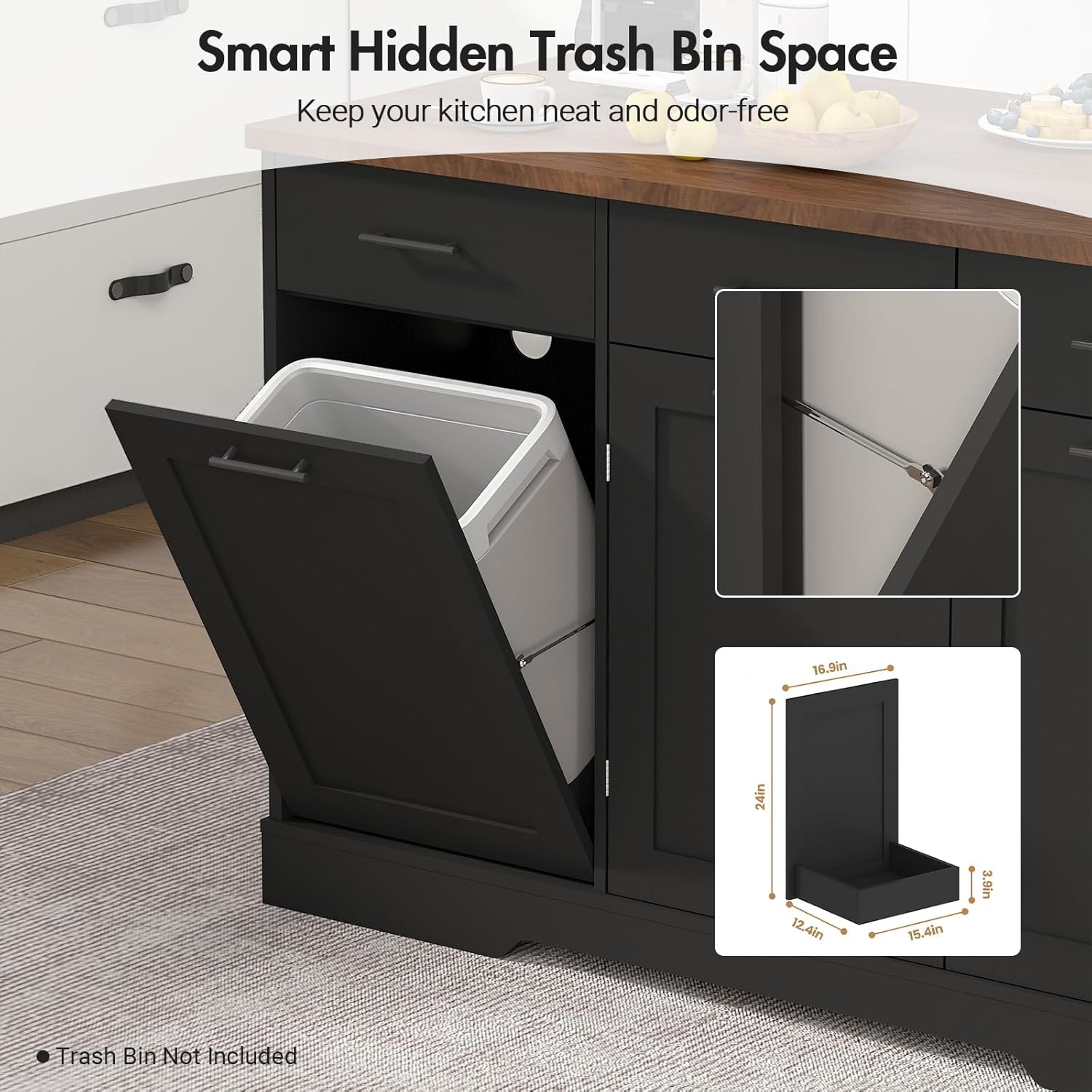 55" Drop Leaf Kitchen Island Table with Power Outlet, Large Stationary Breakfast Bar with Storage Drawers, Trash Cabinet, Adjustable Shelves, Towel Rod & Spice Rack (Black & Walnut)