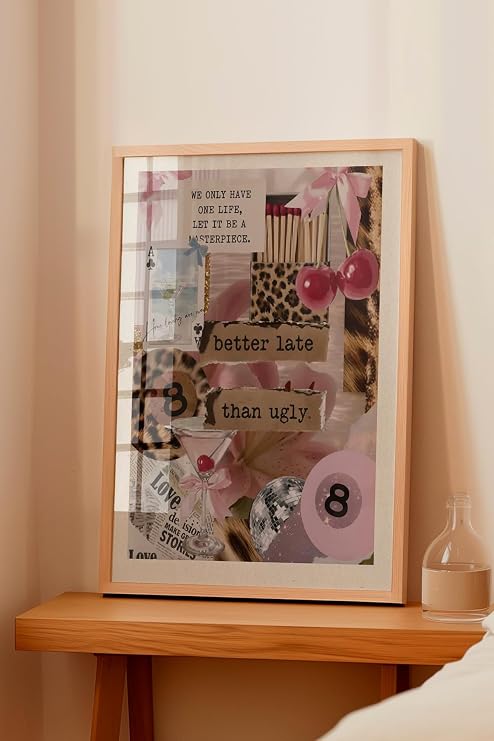 Zestia Ahşap Çerçeveli Duvar Tablosu Leopar Desenli Pembe Estetik İllüstrasyon Genç Odası Dekoru, 70 x 100