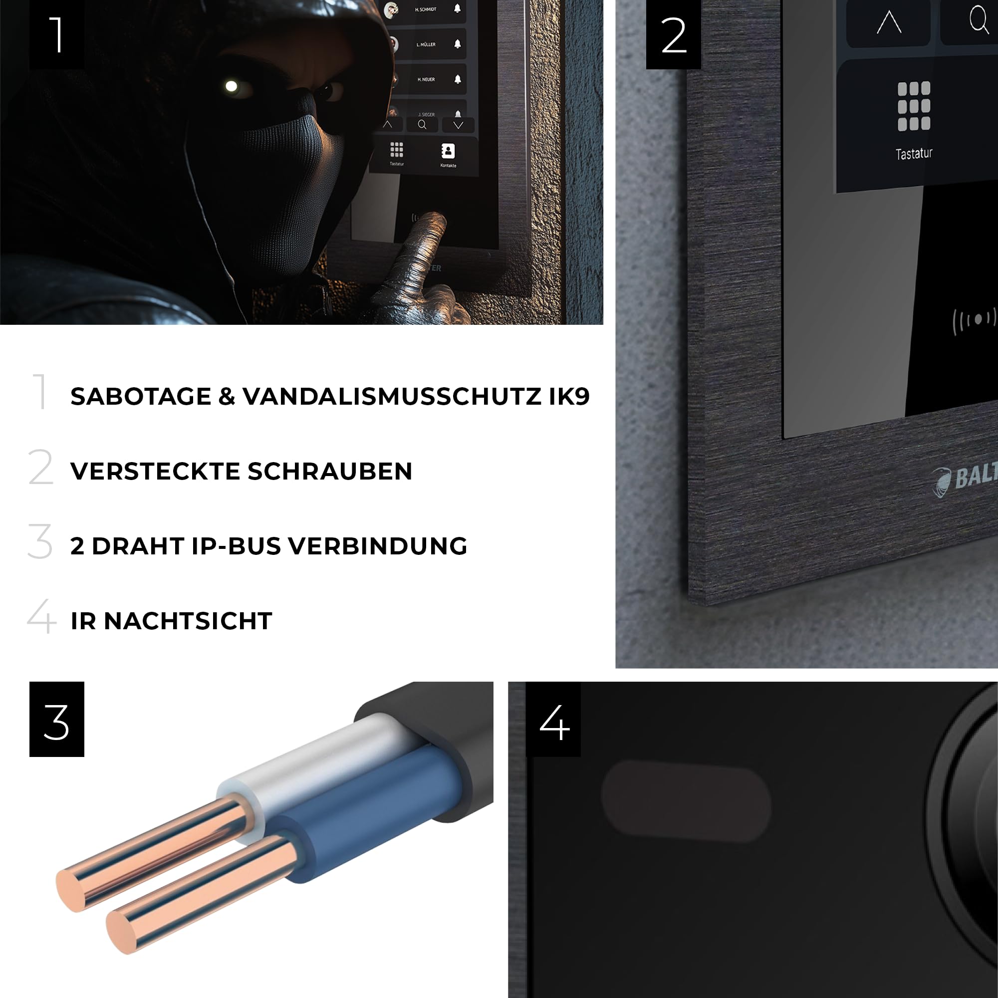 Balter EVO-HD Video Türsprechanlage mit Touchscreen Türstation, Video Türklingel, Smartphone App, 1 Familienhaus, 2X 7 Zoll Monitore, Türklingel mit Kamera Full HD, 2 Draht Bus, 175° Weitwinkel, RFID