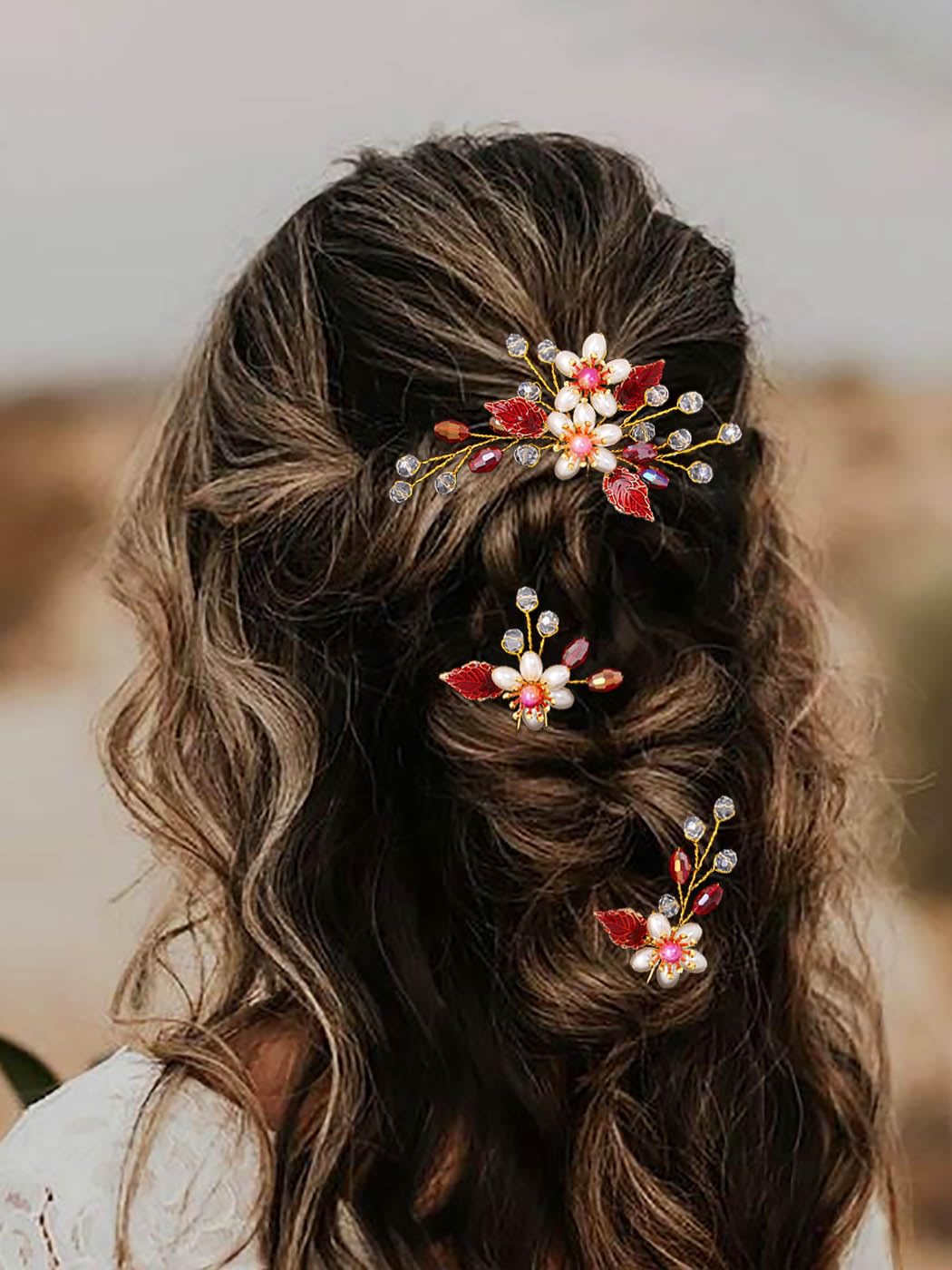 IYOU Cerchietto Per Capelli Da Sposa Con Cristalli Rossi E Foglie – Accessorio Matrimonio E Natale Per Donne E Ragazze - 2