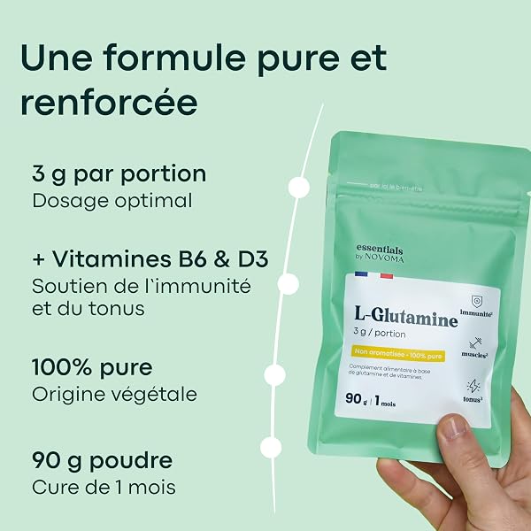 L-Glutamine Pure en Poudre 90g, Acide Aminé pour la Récupération Musculaire, Immunité, Énergie & Confort Digestif, Avec Vitamine B6 & D3, Cure de 1 mois, Fabriqué en France, Essentials by Novoma - 3