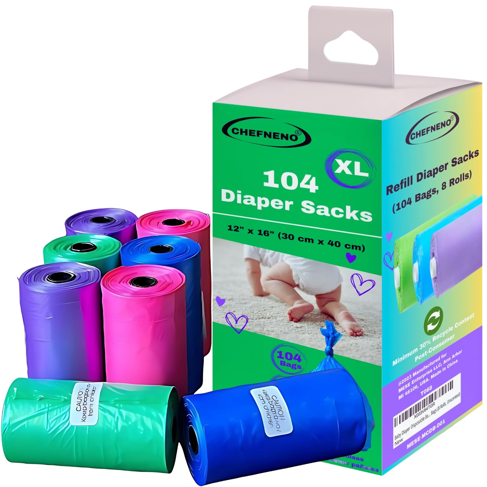 Baby Diaper Disposable Bags Refill 8 Rolls (104 Diaper Sacks) Dog Poop Waste Bags Cat Litter Clump & Poop Bags Sanitary Pad Waste Bags (8 Rolls, Unscented)-image-29
