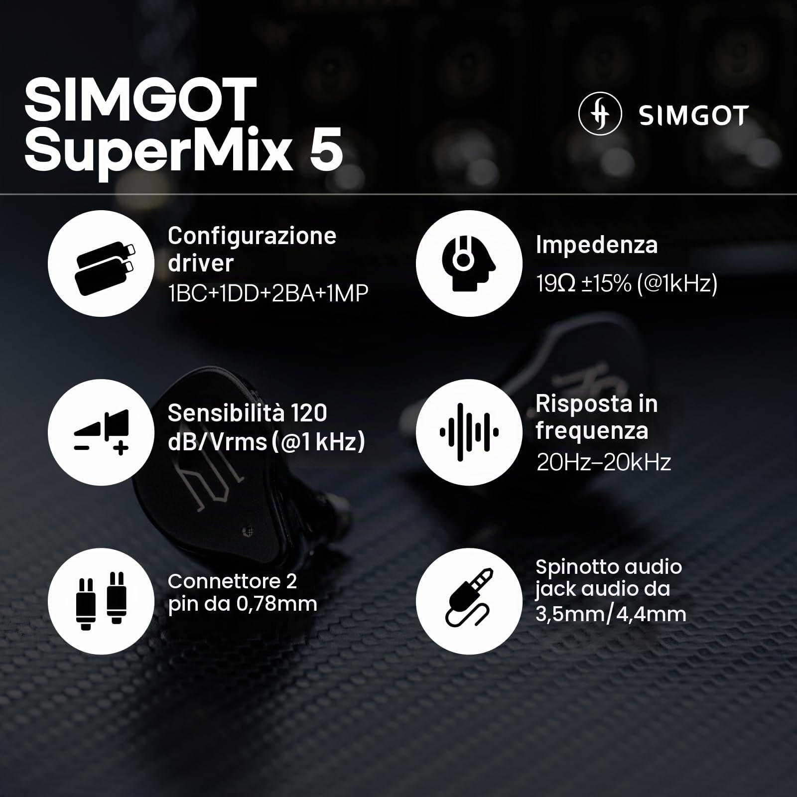Linsoul SIMGOT SuperMix 5 1BC+1DD+2BA+1MP In Ear Monitor, Cuffie HiFi a Conduzione Ossea, Cavo Litz OCC Smontabile Placcato in Argento, Connettore da 3,5 mm/4,4 mm, IEM per Musicisti e Audiofili