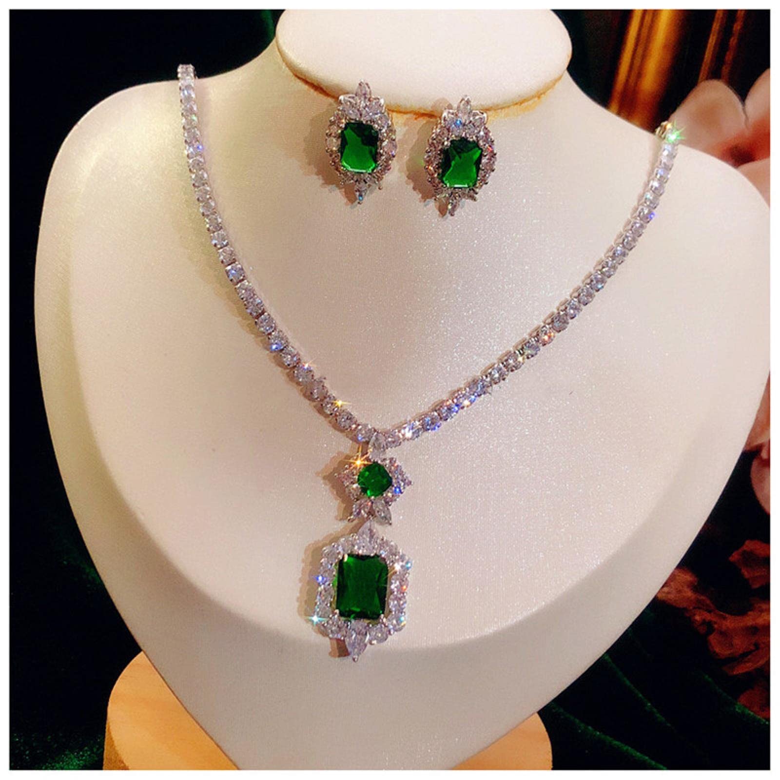 LOKILOKI Schmucksets Für Frauen S925 Sterling Silber Smaragd Edelstein Ohrringe Funkelnde Halskette Klassisch Feiner Schmuck